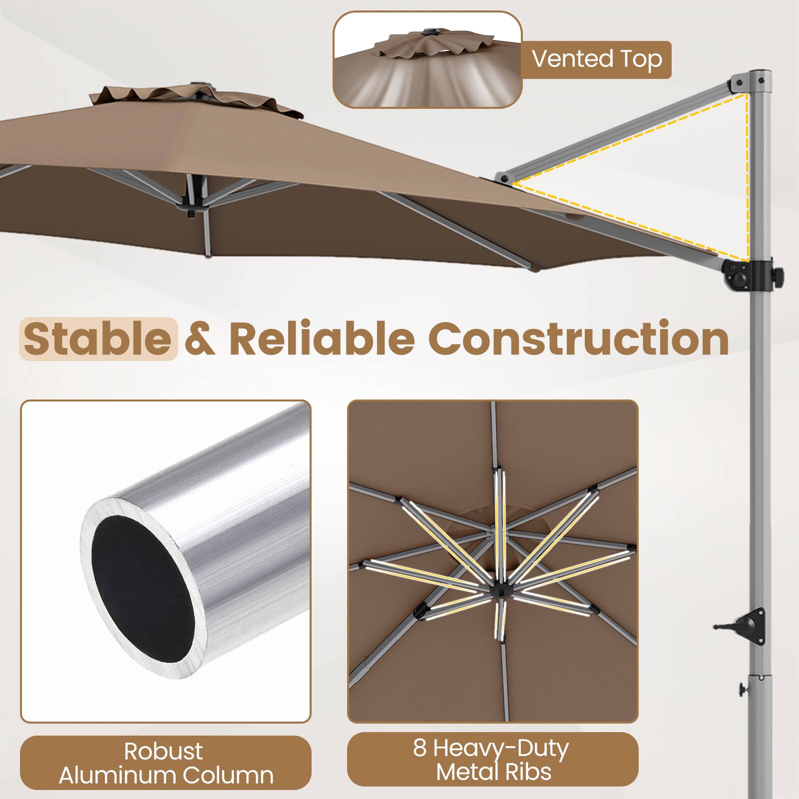 Vented Top

Stable & Reliable Construction

Robust Aluminum Column

8 Heavy-Duty Metal Ribs