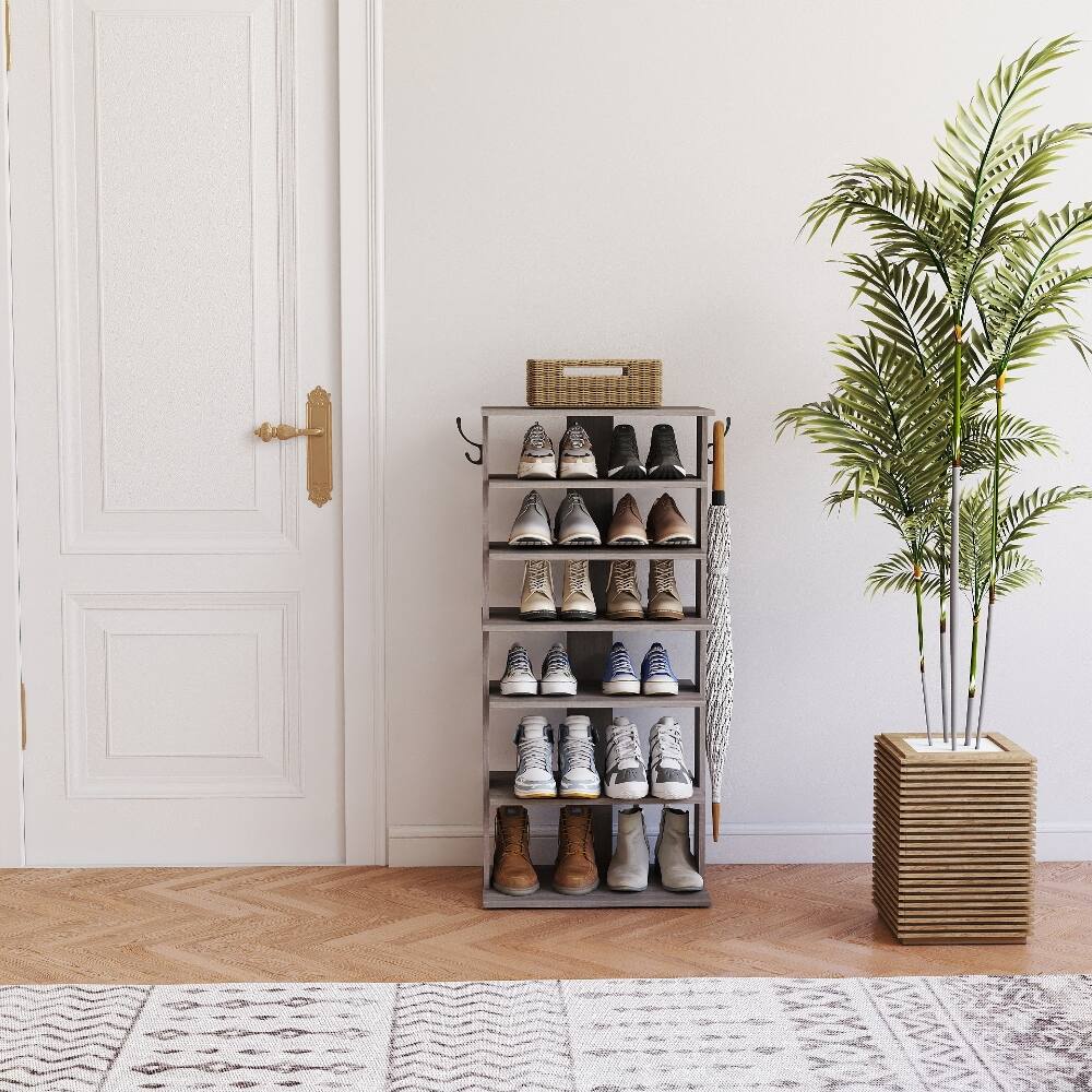 Alt View 2. Loheer - Loheer 7 tier vertical shoe rack with side hooks rustic gray - Rustic Gray.