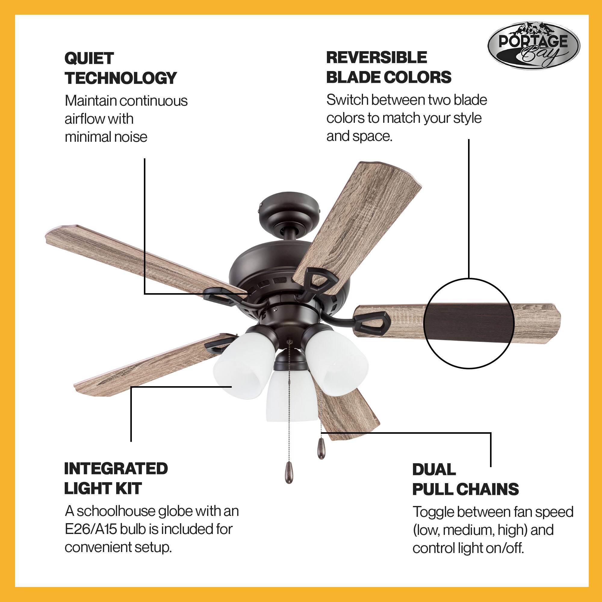 QUIET TECHNOLOGY  
Maintain continuous airflow with minimal noise  

REVERSIBLE BLADE COLORS  
Switch between two blade colors to match your style and space.  

INTEGRATED LIGHT KIT  
A schoolhouse globe with an E26/A15 bulb is included for convenient setup.  

DUAL PULL CHAINS  
Toggle between fan speed (low, medium, high) and control light on/off.