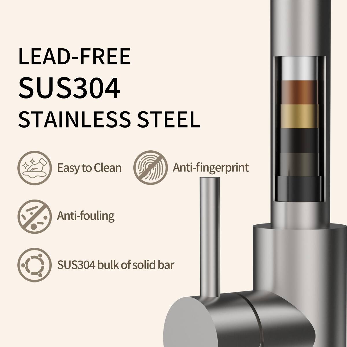 LEAD-FREE SUS304 STAINLESS STEEL

- Easy to Clean
- Anti-fingerprint
- Anti-fouling
- SUS304 bulk of solid bar