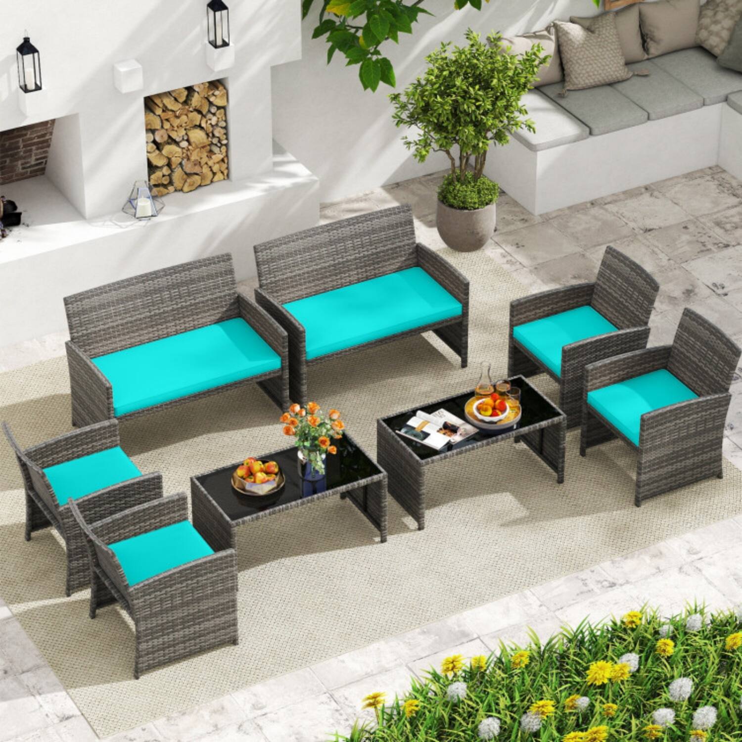 Left. Mondawe - 25 x 22 x 31 IN Freestanding Patio Conversation Set with Loveseat, 2 Chairs & Table 4-Piece - Mix Gray+Turquoise.