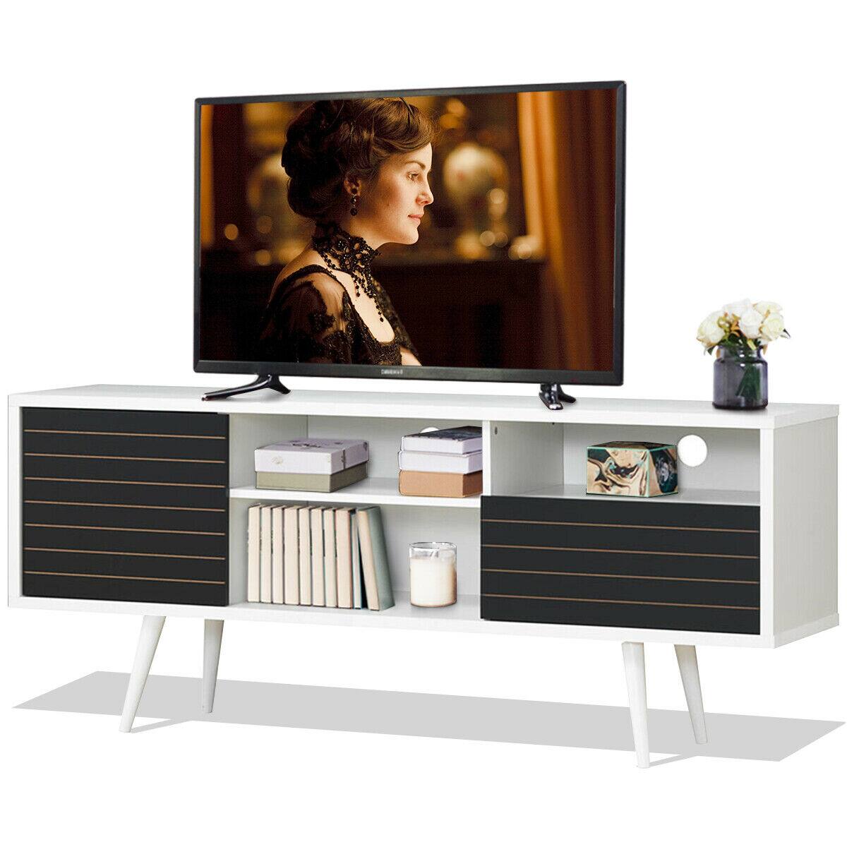 Gymax - Modern TV Stand/Console Cabinet 3 Shelves Storage Drawer Splayed Leg Black/White - White,Black