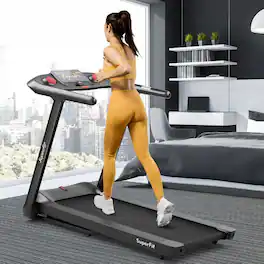 Loheer - 4.75HP Folding Treadmill with 15% Auto Incline Smart Touch Screen Home Running Machine - Black