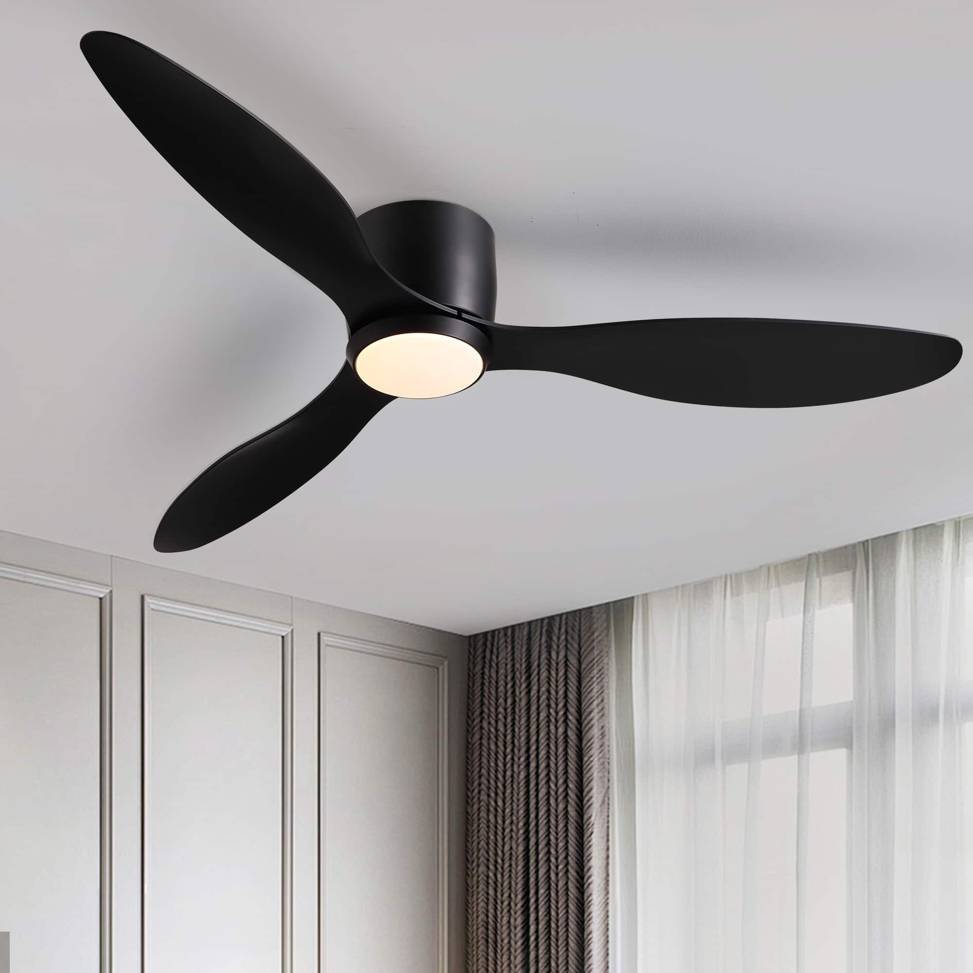 Siljoy - 52 Inch Black Flush Mount Ceiling Fan with Light and Remote for Bedroom Living Room Office Kitchen Patio Indoor Outdoor