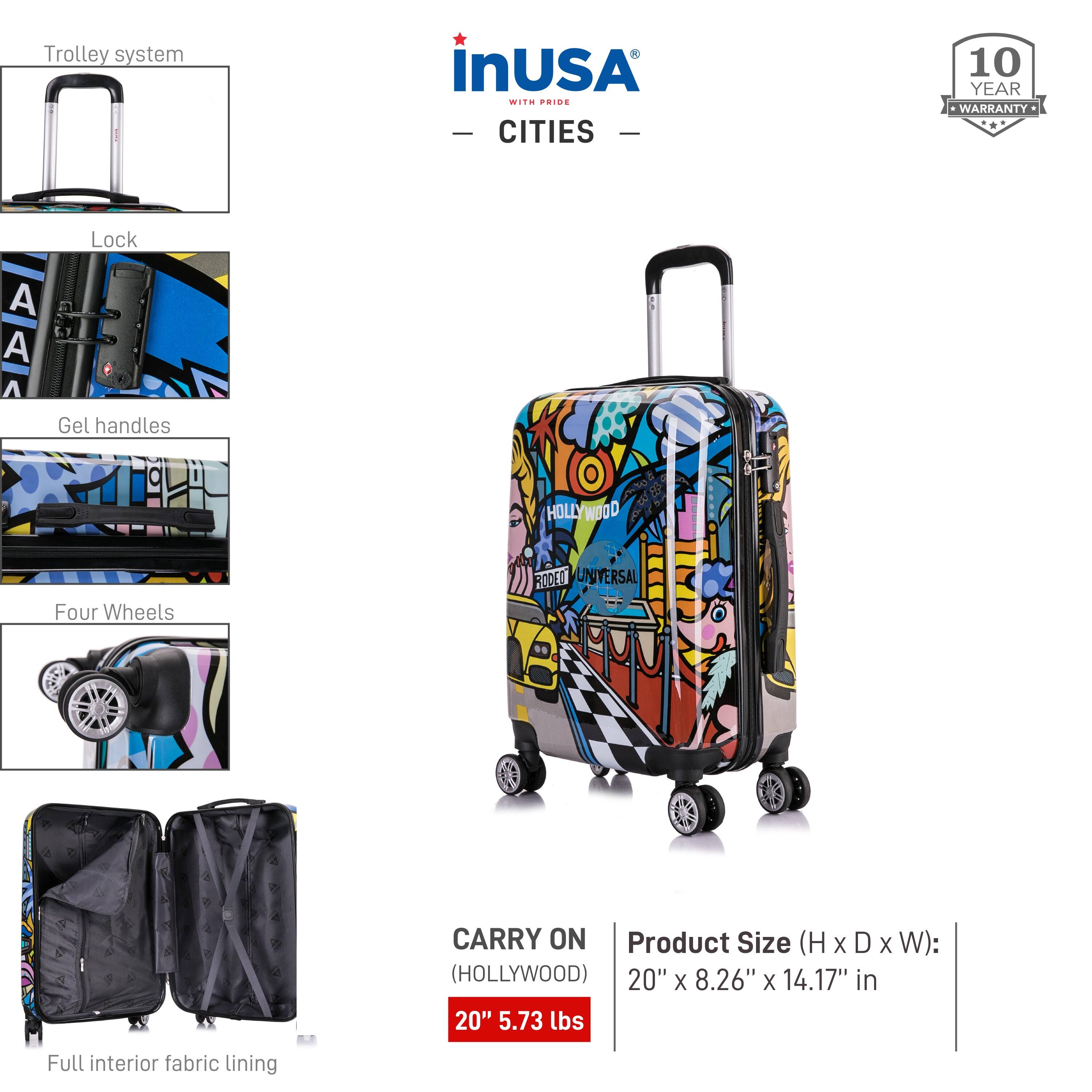 - **Trolley system**
- **Lock**
- **Gel handles**
- **Four Wheels**
- **Full interior fabric lining**

**CARRY ON (HOLLYWOOD)**
- 20" 5.73 lbs

**Product Size (H x D x W):**
- 20" x 8.26" x 14.17" in

**10 YEAR WARRANTY**