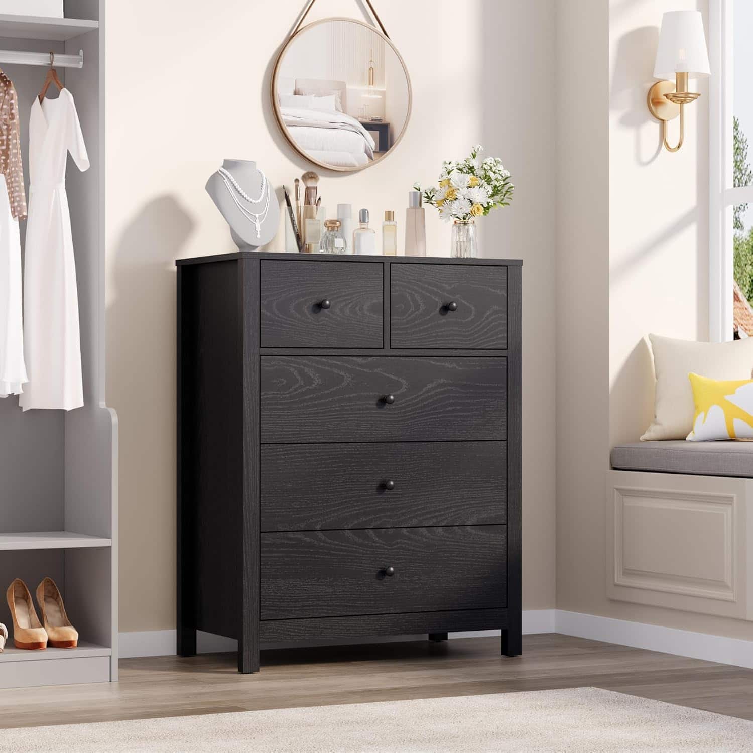 GARVEE - 5 Drawer Dresser for Bedroom, Tall Chest with Deep Drawers and Metal Knobs, Wooden Organizer for Hallway - Black