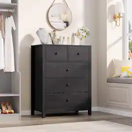 GARVEE - 5 Drawer Dresser for Bedroom, Tall Chest with Deep Drawers and Metal Knobs, Wooden Organizer for Hallway - Black
