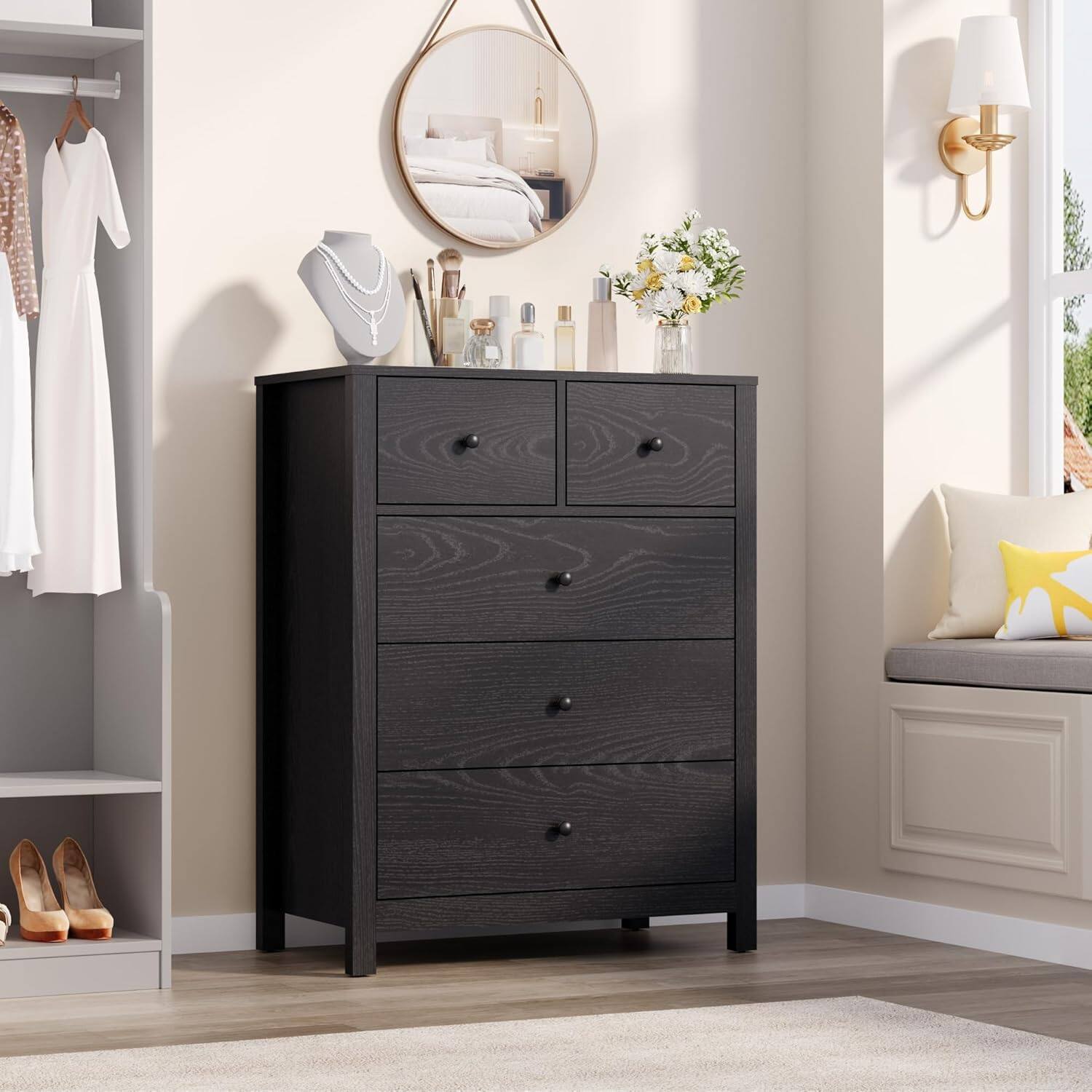 Front. GARVEE - 5 Drawer Dresser for Bedroom, Tall Black Chest with Deep Drawers and Metal Knobs, Wooden Organizer for Hallway - Black.