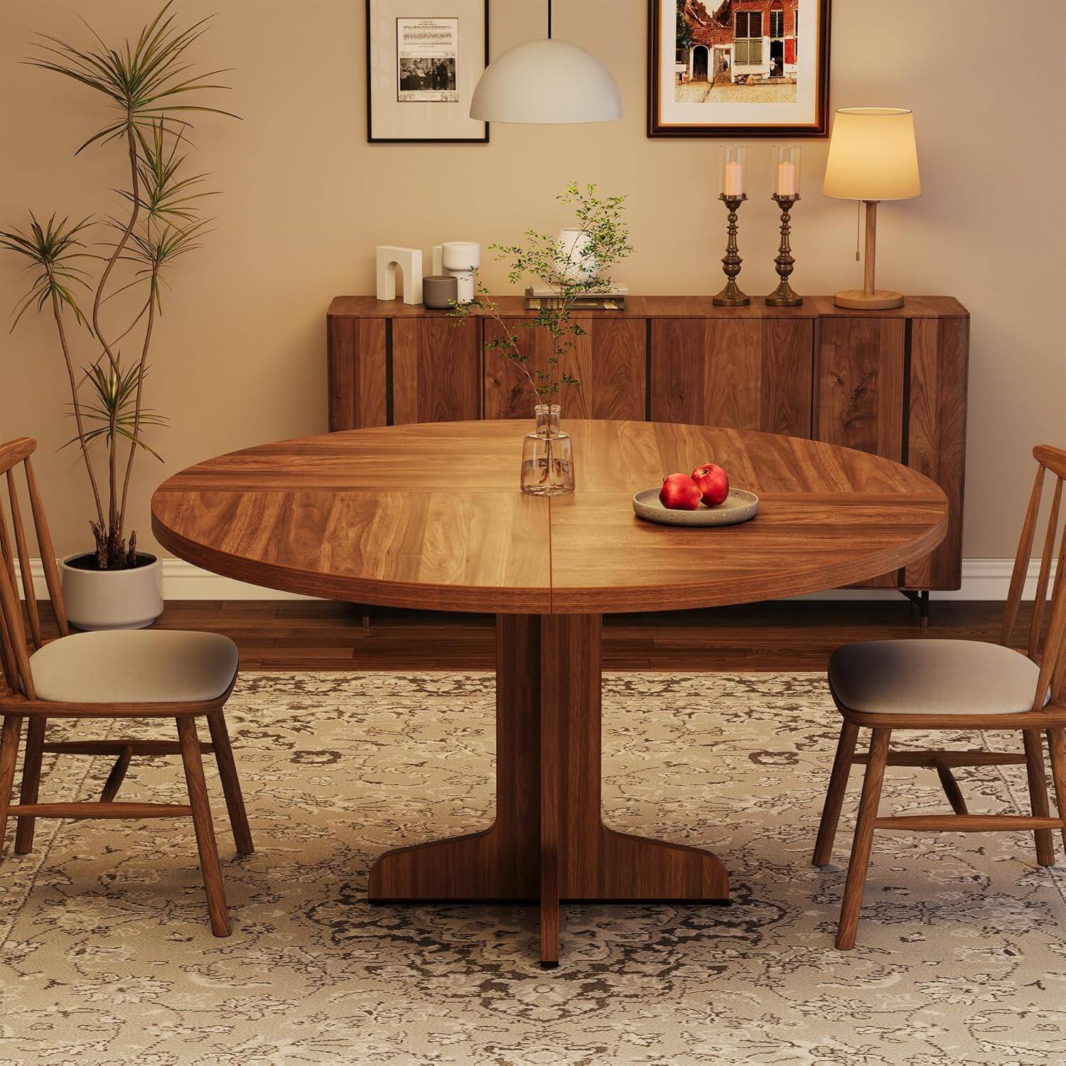 Back. Homhougo - Round Dining Table for 4 - 47-Inch Rustic Kitchen Table with Wooden Base - Walnut.