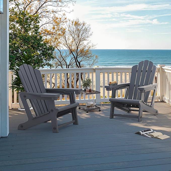 Front. PURPLE LEAF - 1/2-Pieces Adirondack Chair HDPE All-Weather Outdoor Fire Pit Chair with Wood-Textured with Dual Cup Holders for Garden - Grey-2Pcs.