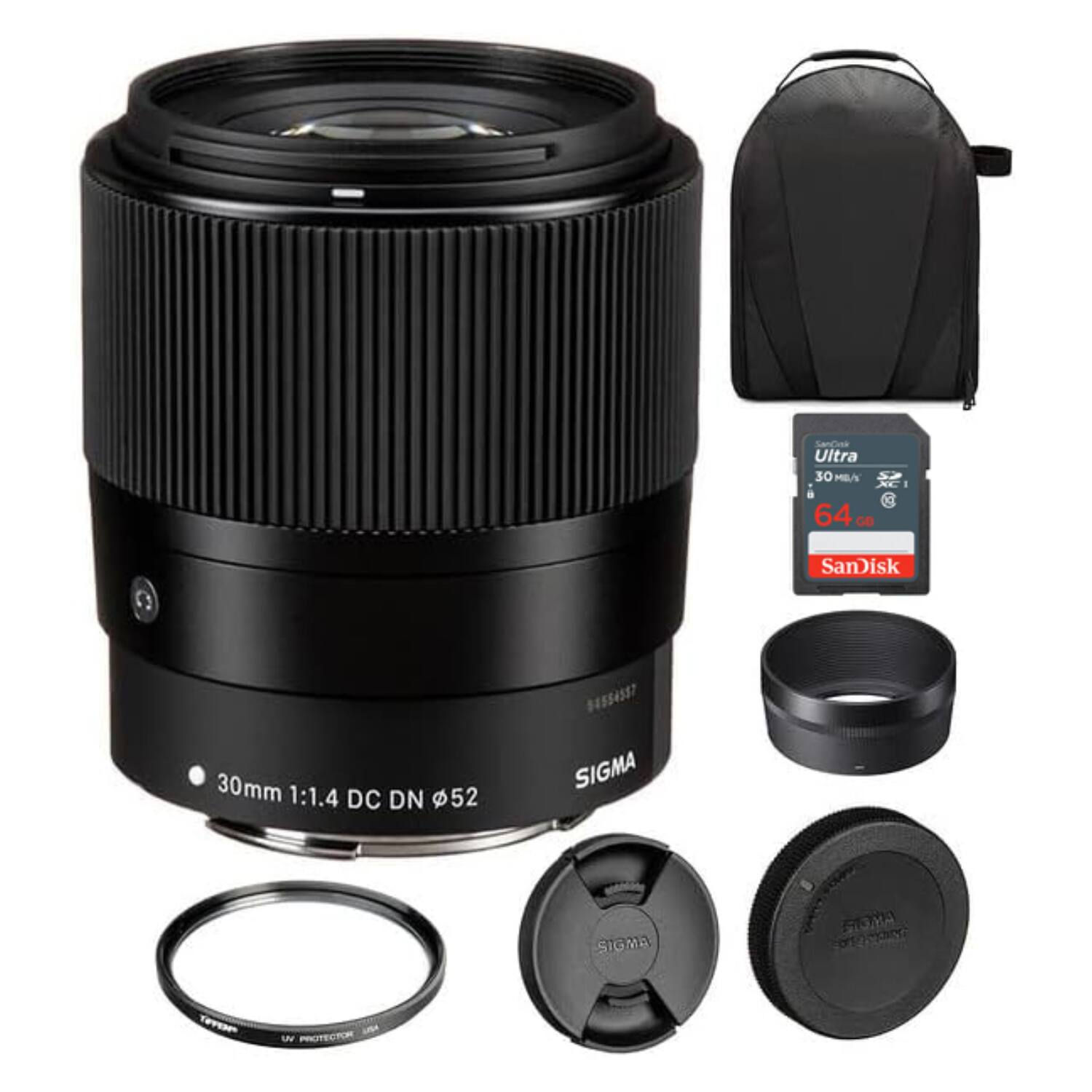 Sigma - 30mm f/1.4 DC DN Contemporary Lens for Canon EF-M, 52mm UV, 64GB,Large Bag