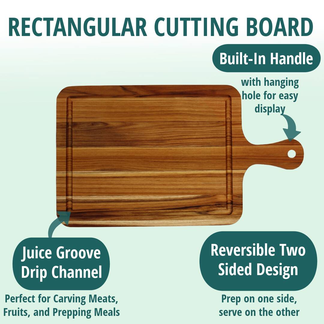 RECTANGULAR CUTTING BOARD

- Built-In Handle with hanging hole for easy display
- Juice Groove Drip Channel
- Perfect for Carving Meats, Fruits, and Prepping Meals
- Reversible Two Sided Design
- Prep on one side, serve on the other