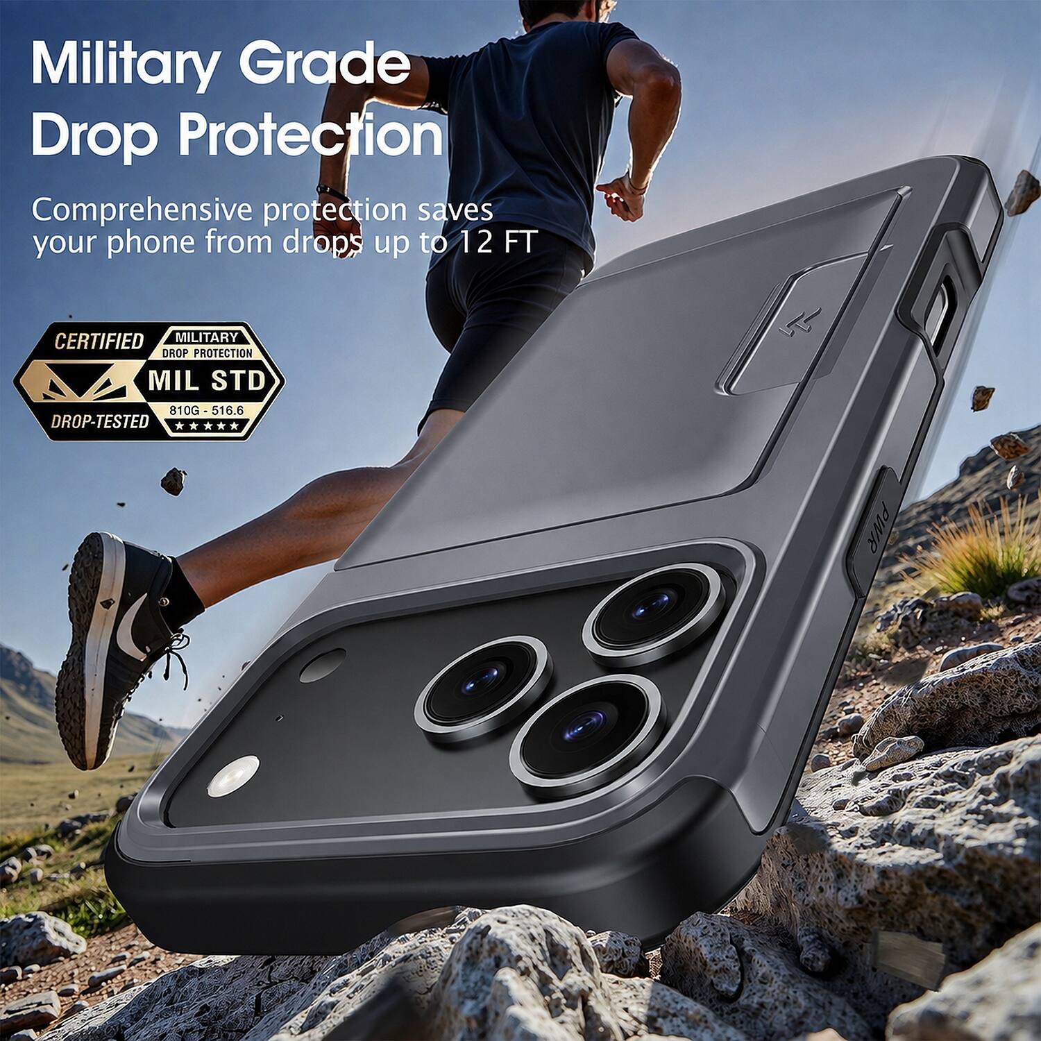 Military Grade Drop Protection  
Comprehensive protection saves your phone from drops up to 12 FT  

CERTIFIED MILITARY DROP PROTECTION  
MIL STD 810G - 516.6 DROP-TESTED