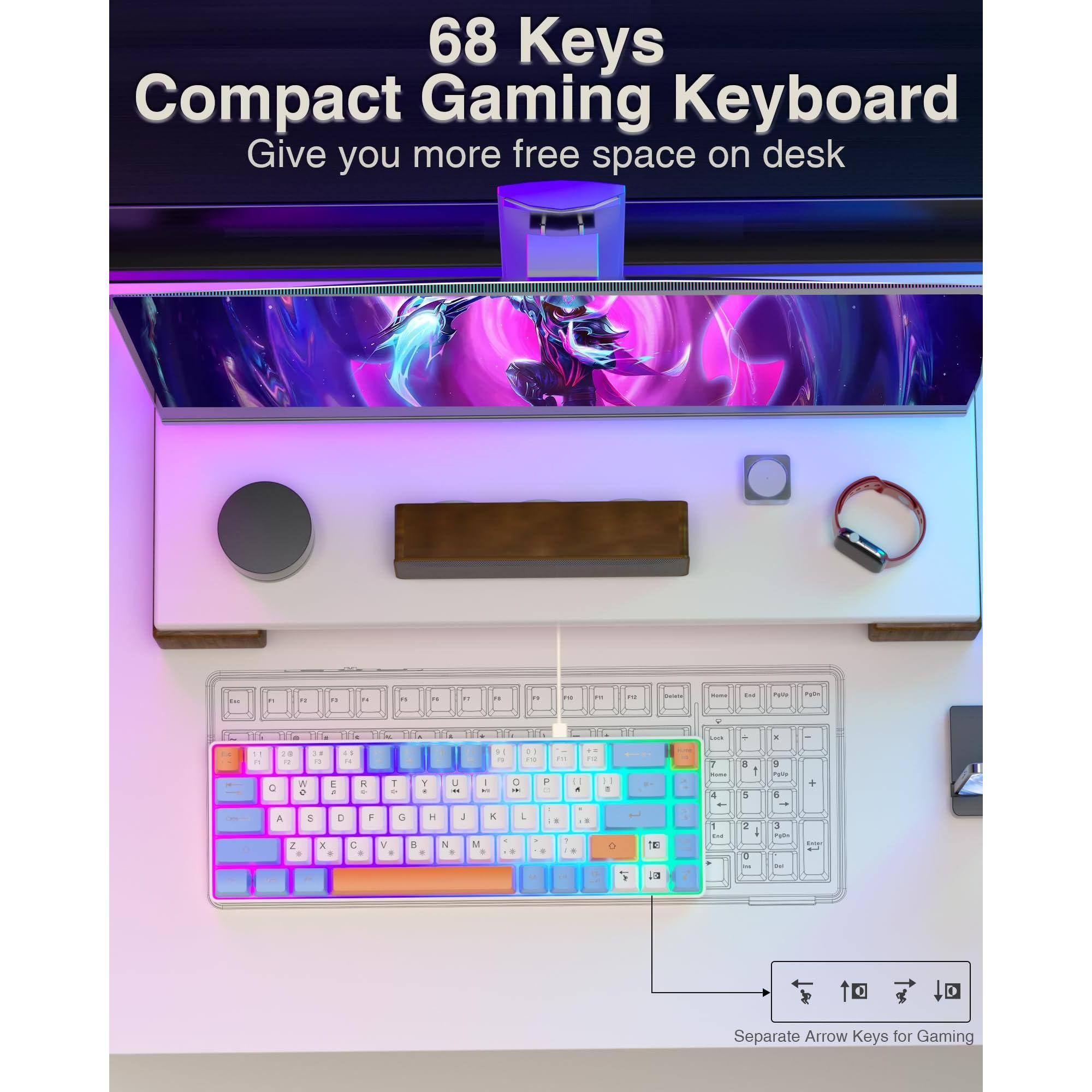 68 Keys Compact Gaming Keyboard  
Give you more free space on desk  

Separate Arrow Keys for Gaming
