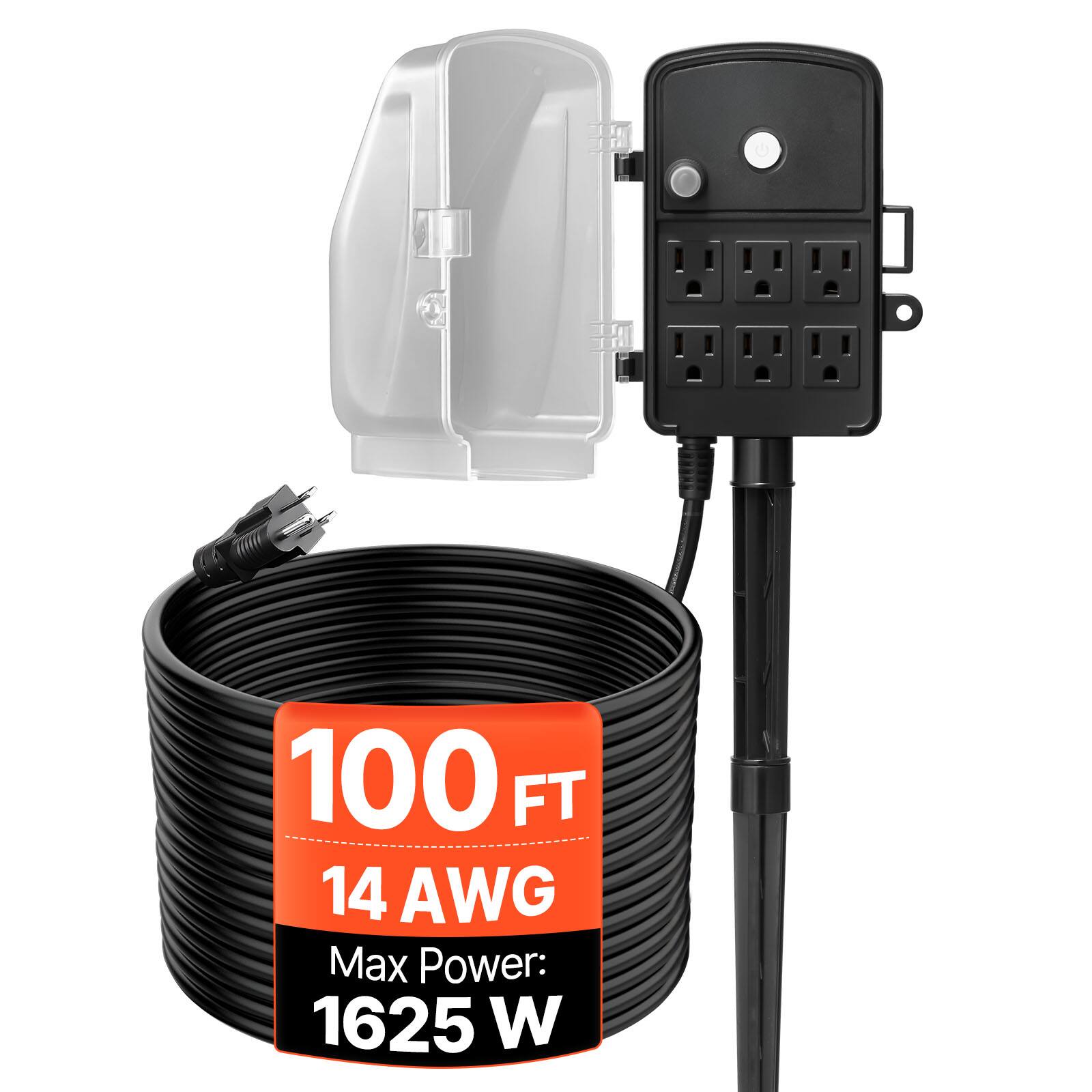 VEVOR - Outdoor Power Stake, 100 FT Extension Cord,Outdoor Power Strip Weatherproof with Cover and Overload Protection,6 Outlets - Black