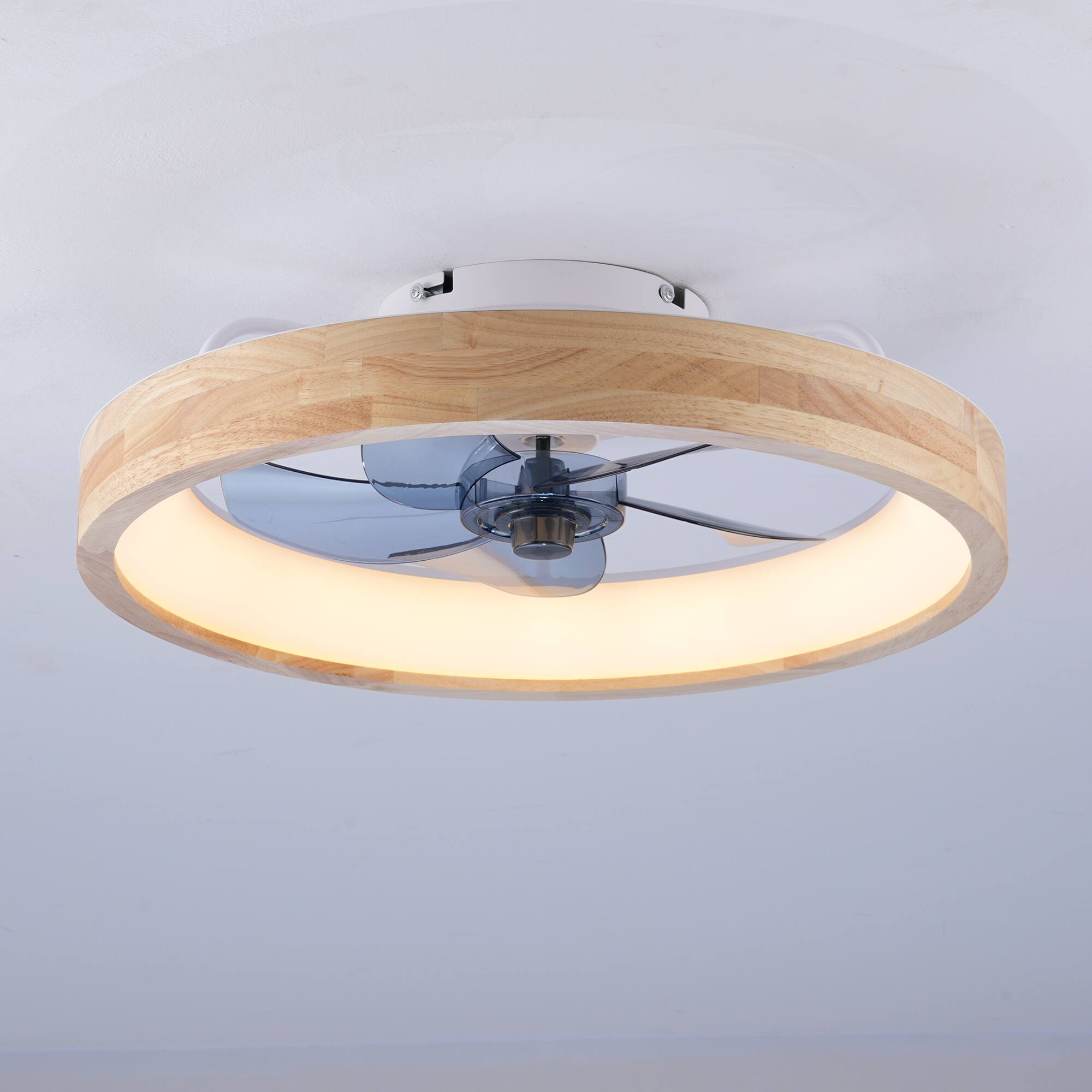 Sofucor - 20'' Flush Mount Low Profile Ceiling Fan with Light Dimmable LED Timing & Remote & Wooden Frame Reversible For Bedroom - Matte White