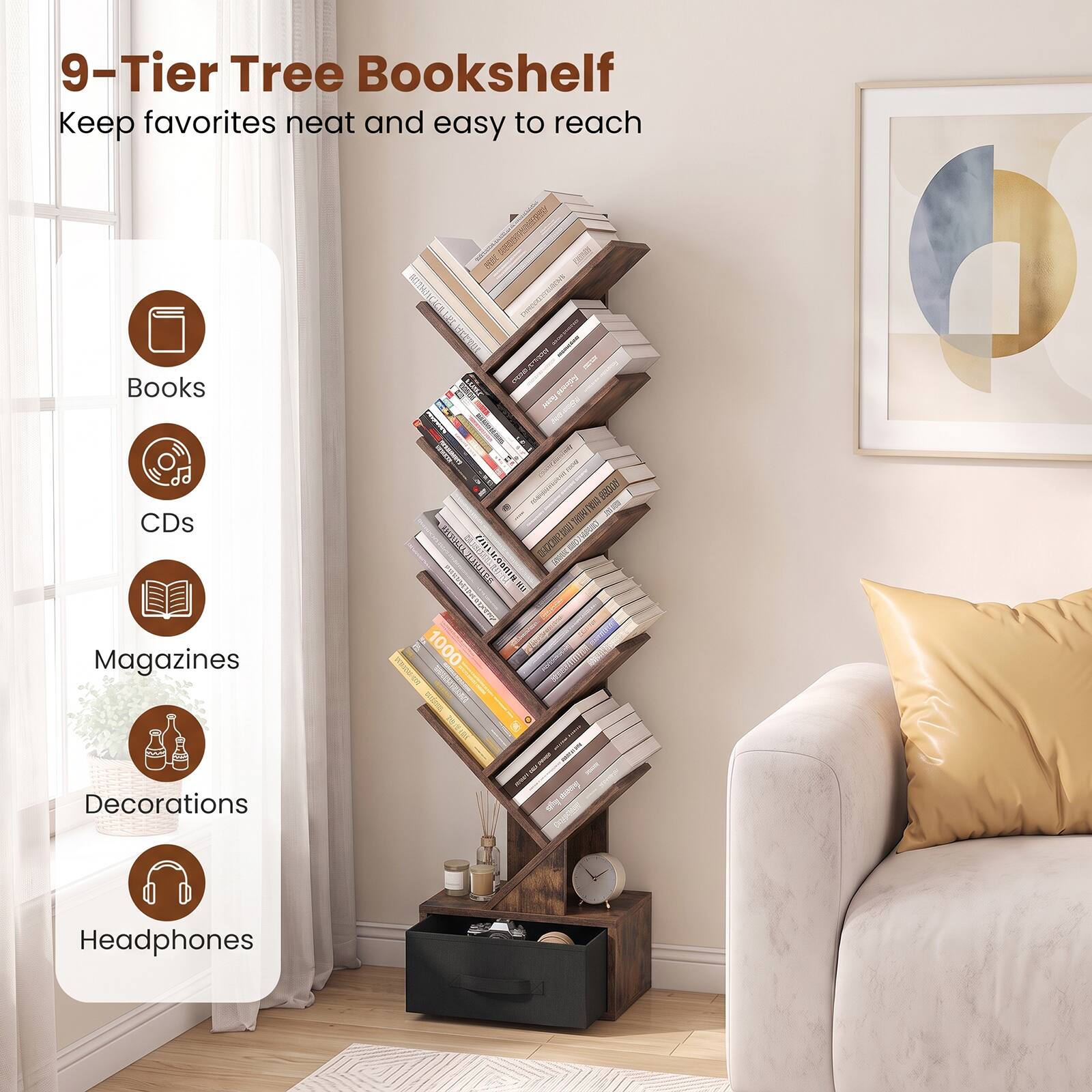 9-Tier Tree Bookshelf  
Keep favorites neat and easy to reach

Books  
CDs  
Magazines  
Decorations  
Headphones
