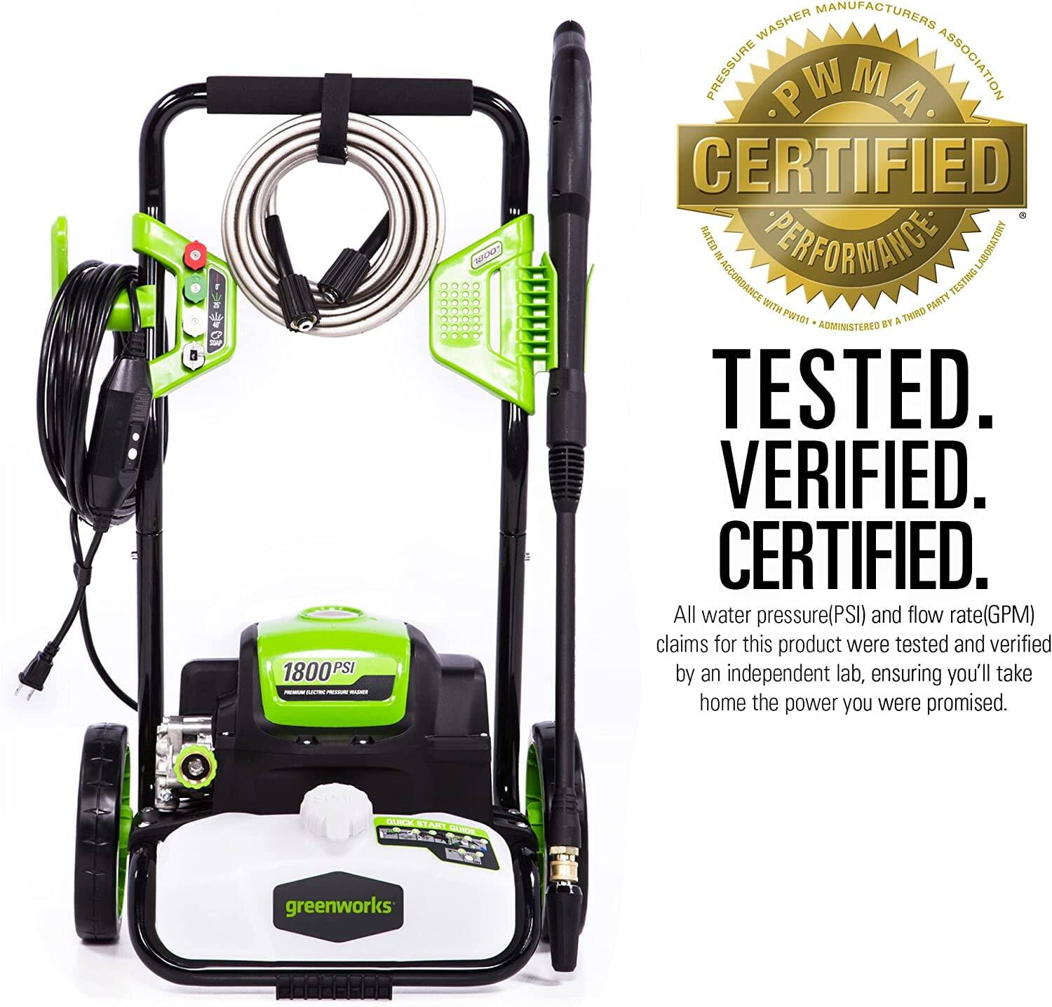 1800 PSI  
MCRA WASHER MANUFACTURERS PRESSURE PWMA ASSOCIATION CERTIFIED  
RATED PERFORMANCE LABORATORY  
2 ACCORDANCE PARTY TESTING WITH P1101 E & THIRO ADMINISTERED TESTED.  
VERIFIED. CERTIFIED.  

All water pressure(PSI) and flow rate(GPM) claims for this product were tested and verified by an independent lab, ensuring you'll take home the power you were promised.  

greenworks  

TESTED.  
VERIFIED.  
CERTIFIED.  

All water pressure(PSI) and flow rate(GPM) claims for this product were tested and verified by an independent lab, ensuring you'll take home the power you were promised.