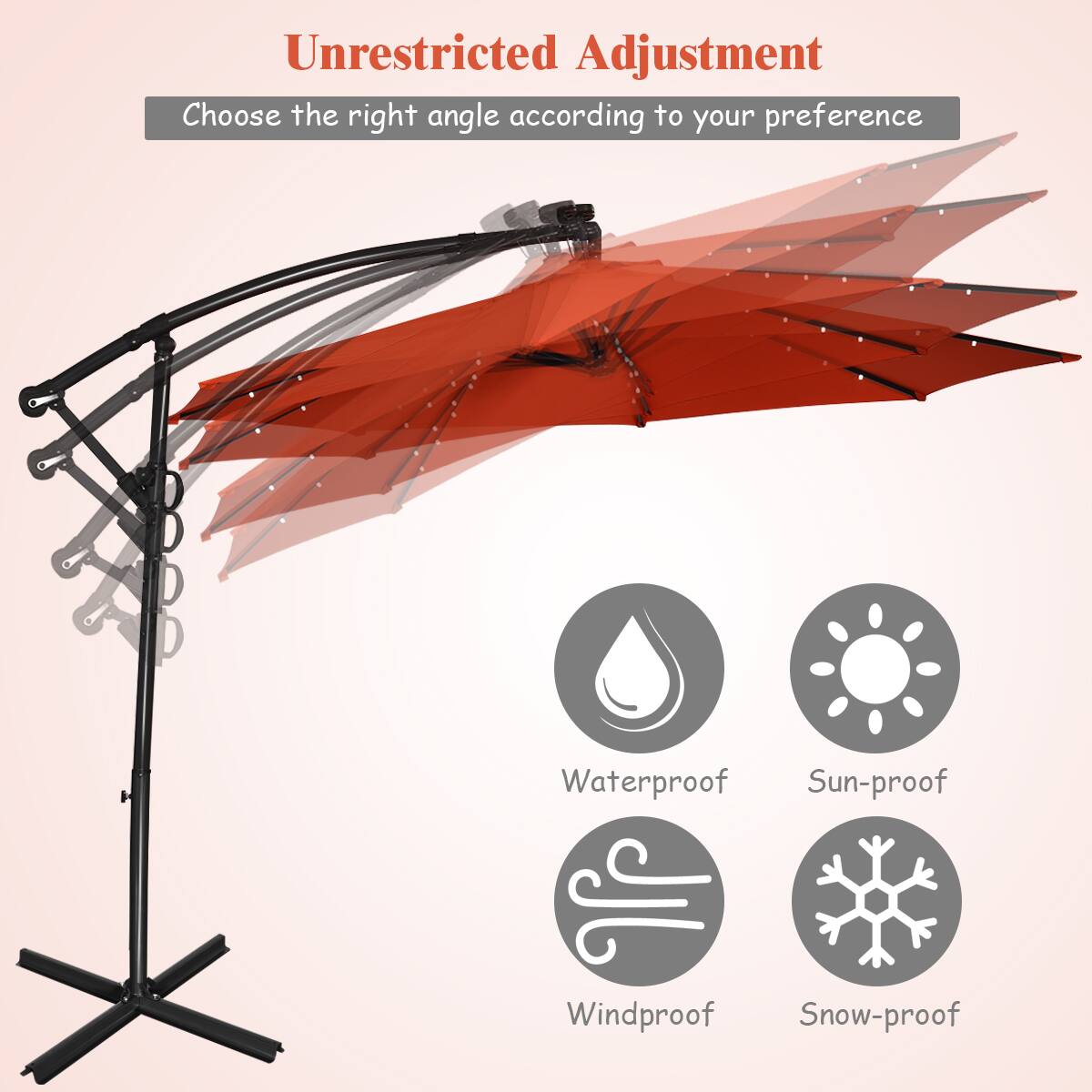 Unrestricted Adjustment: Choose the right angle according to your preference. Waterproof, Sun-proof, Windproof, Snow-proof.