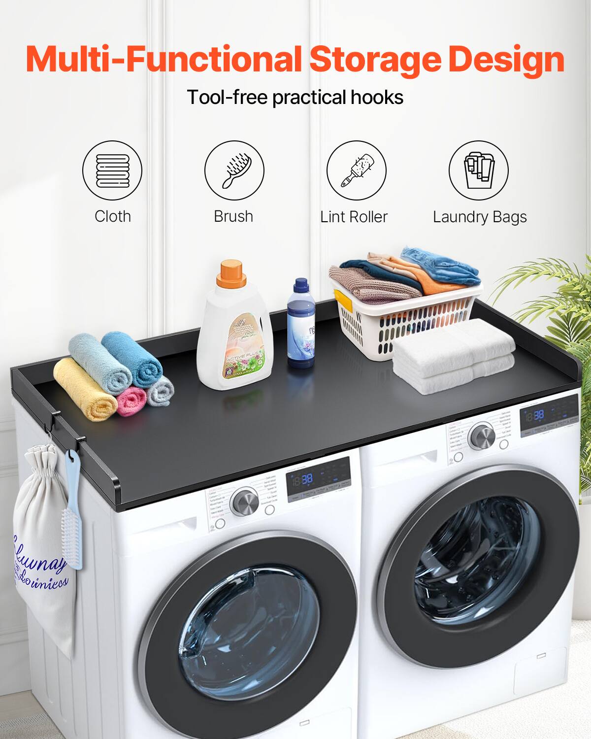 Multi-Functional Storage Design  
Tool-free practical hooks  

Cloth  
Brush  
Lint Roller  
Laundry Bags