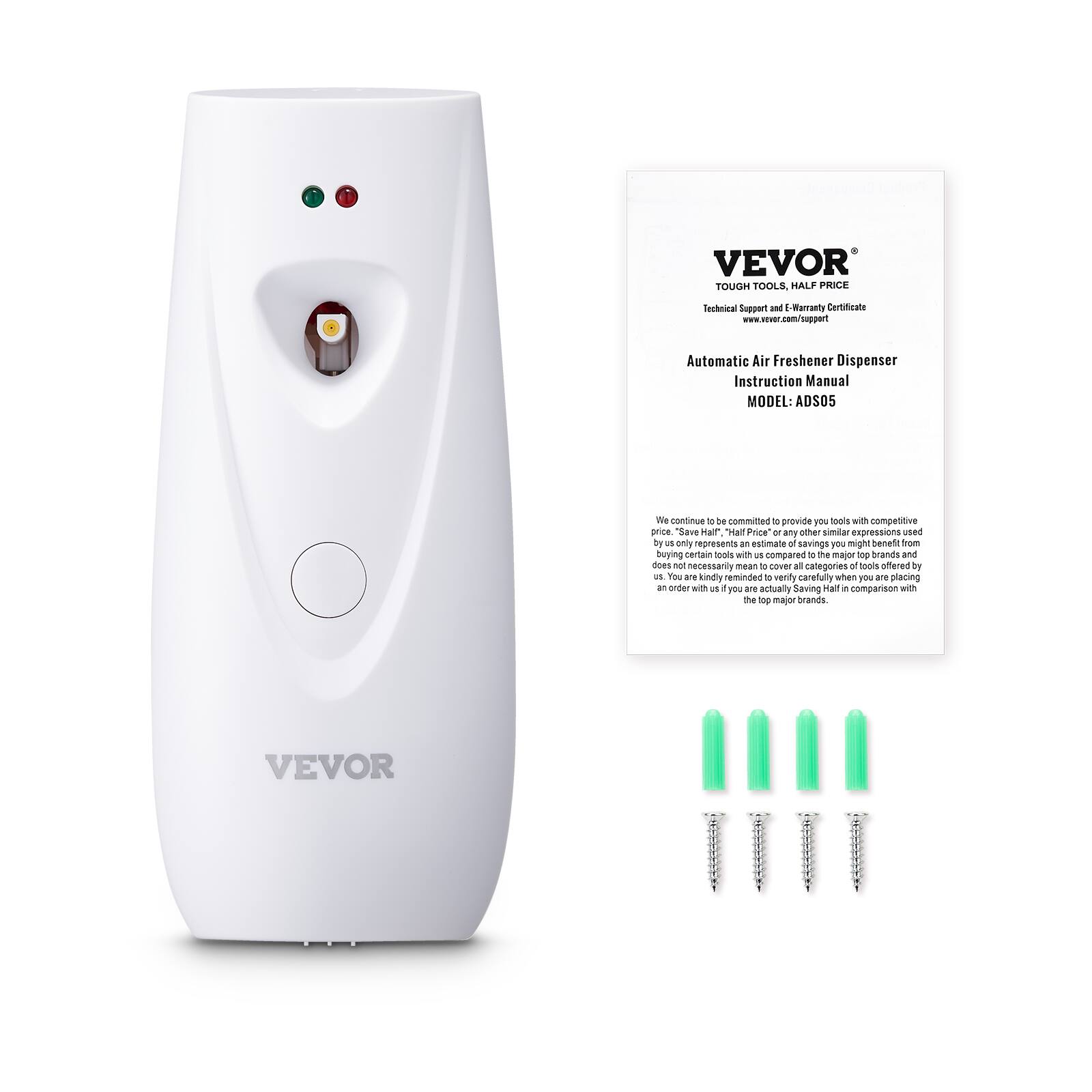 VEVOR  
TOUGH TOOLS. HALF PRICE  
Technical Support and E-Warranty Certificate  
www.vevor.com/support  

Automatic Air Freshener Dispenser  
Instruction Manual  
MODEL: ADS05  

We continue to be committed to provide you tools with competitive price. "Save Half", "Half Price" or any other similar expressions used by us only represents an estimate of savings you might benefit from buying certain tools with us compared to the major top brands and does not necessarily mean to cover all categories of tools offered by us. You are kindly reminded to verify carefully when you are placing an order with us if you are actually Saving Half in comparison with the top major brands.