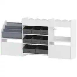 Qaba - Toy Storage Organizer, Kids Bookshelf with 8 Fabric Bins, 2 Rolling Drawers - White