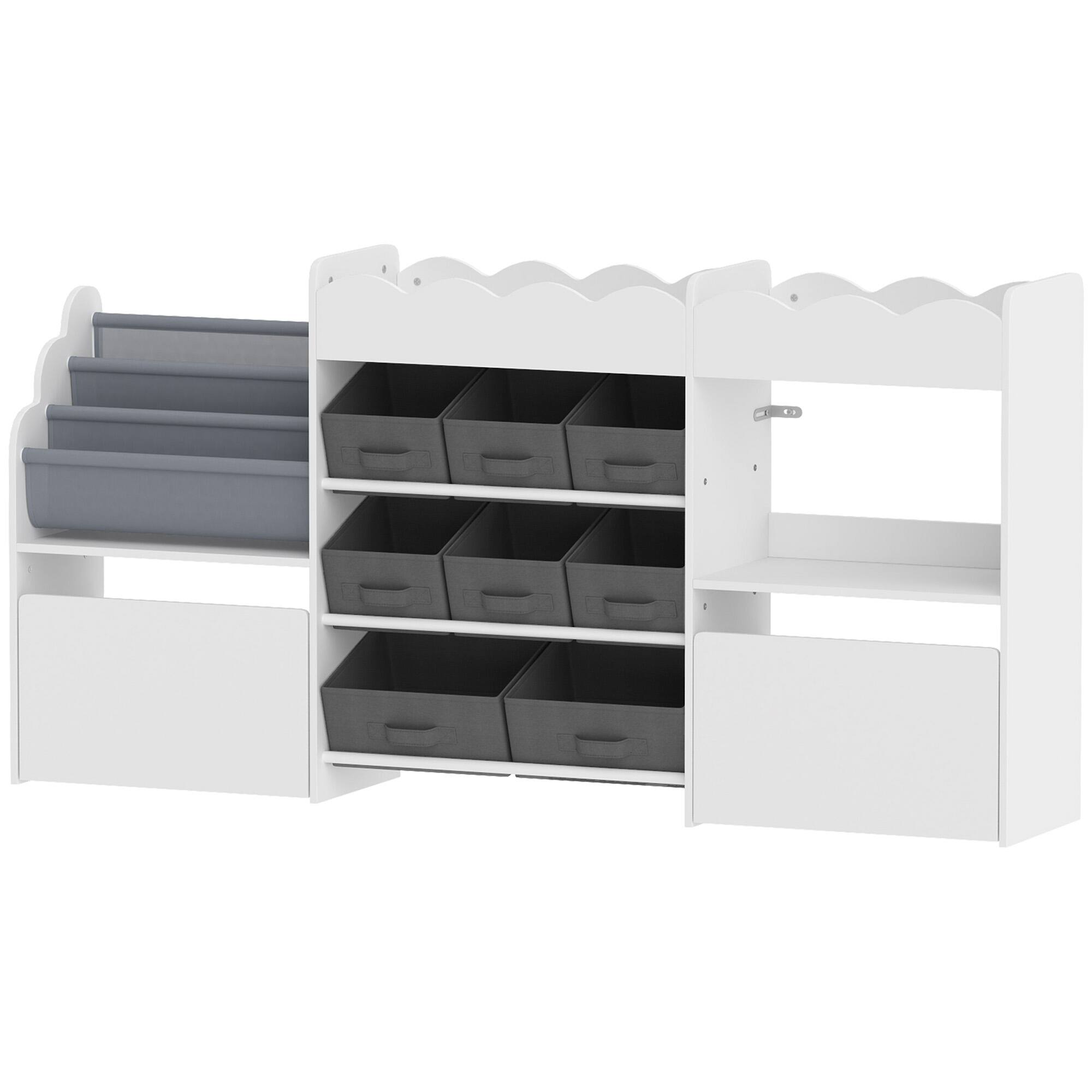 Front. Qaba - Toy Storage Organizer, Kids Bookshelf with 8 Fabric Bins, 2 Rolling Drawers - White.