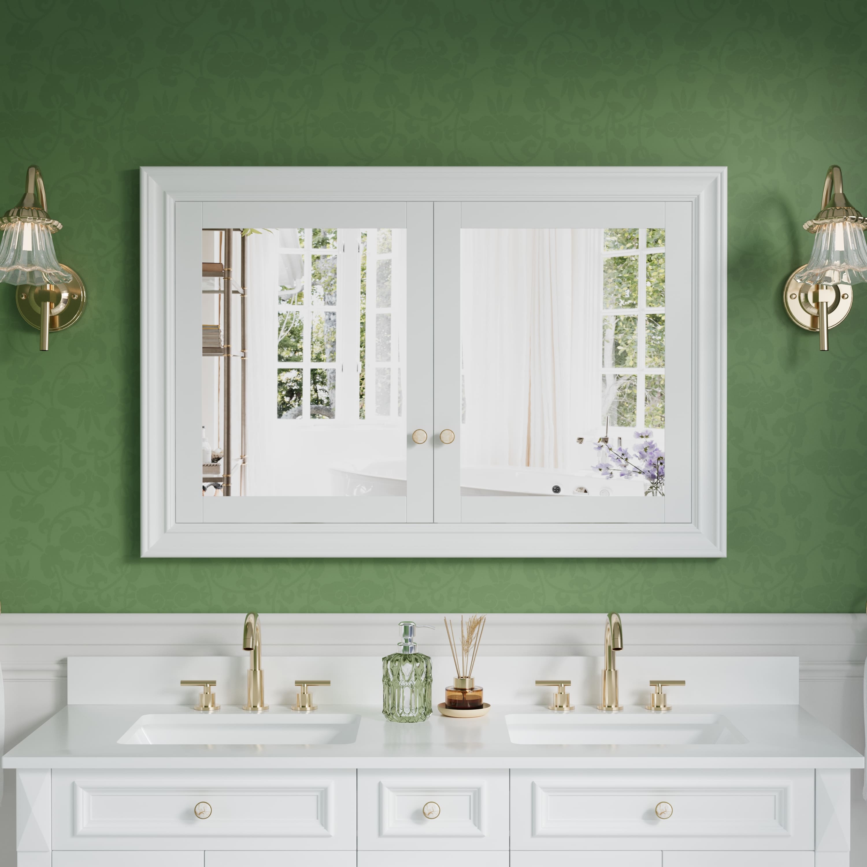 WELLFOR - 48 in. W x 32 in. H Rectangular Solid Wood Recessed Medicine Cabinet with Mirror - White price history on PriceWatchPro