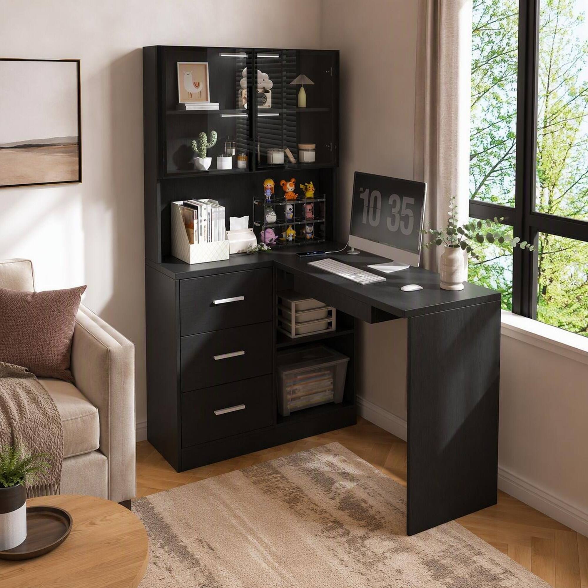 Back. RYHNUYNE - L-Shaped Corner Computer Desk, Black MDF with Glass Cabinets, LED Lighting, USB Ports, Keyboard Tray for Home Office - Black.