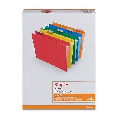 Staples  
5-Tab Hanging Folders  
Letter Size  
Includes Tabs and Inserts  
Assorted Colors  
10% Recycled  
25 Folders  
ST875411