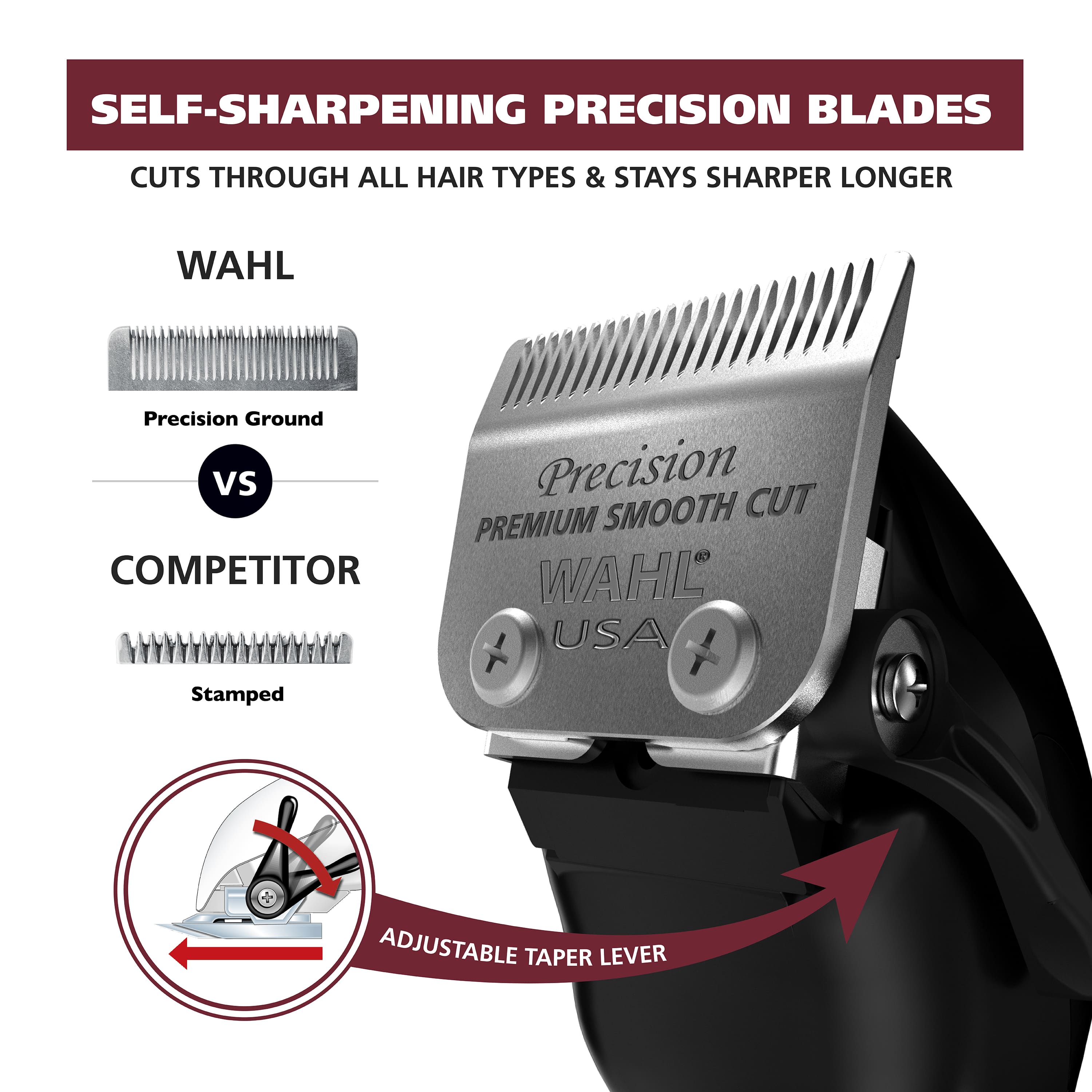 Self-Sharpening Precision Blades Cuts Through All Hair Types & Stays Sharper Longer. Wahl Precision Ground vs Precision Cut Premium Smooth Competitor. Wahl USA Stamped. 2 Adjustable Taper Lever.