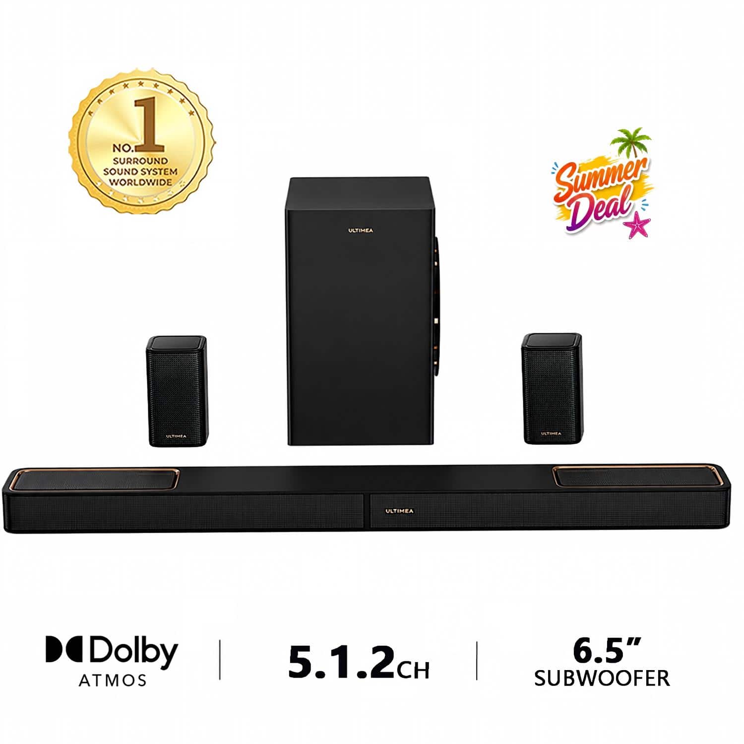 Ultimea - Skywave F40 Boom 5.1.2ch Sound Bar with Dolby Atmos, Surround Sound System for Home Theater, 460W - Black