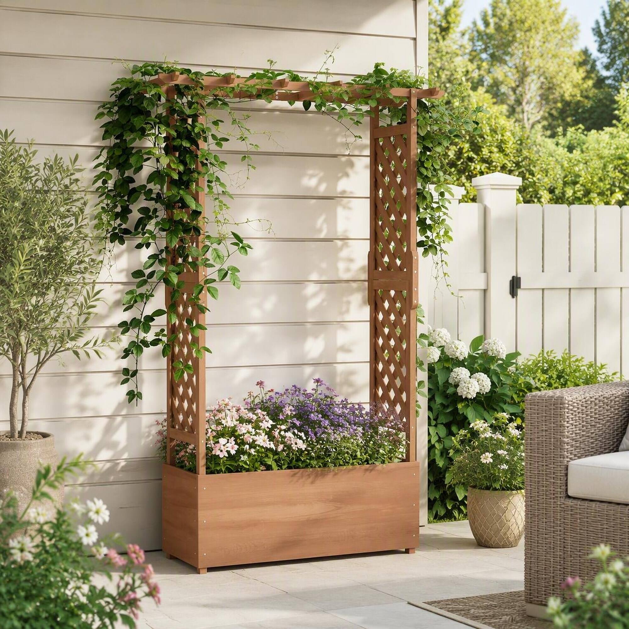 Back. RYHNUYNE - Raised Wooden Garden Planter with Arch Trellis for Climbing Plants and Hanging Flowers, 44 x 16.25 x 70.75 Inch - Brown.