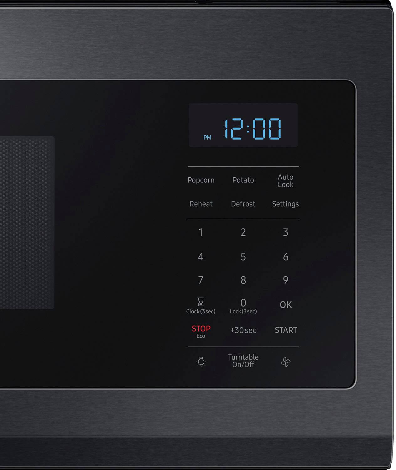 The text on the image reads:

"PM 12:00 Popcorn Potato Auto Cook Reheat Defrost Settings 1 2 3 4 5 6 7 8 9 0 Clock(3sec) Lock(3sec) OK START Turntable On/Off"