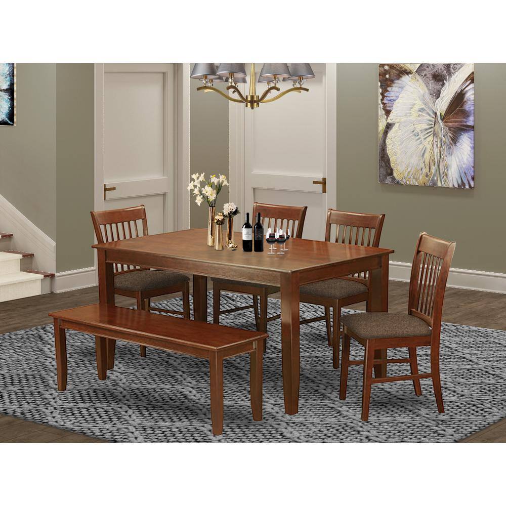 Left. East West Furniture - DUNO6D-MAH-C 6 PC Kitchen Table with bench set-Table and 4 Kitchen Chairs and Bench - Mahogany.