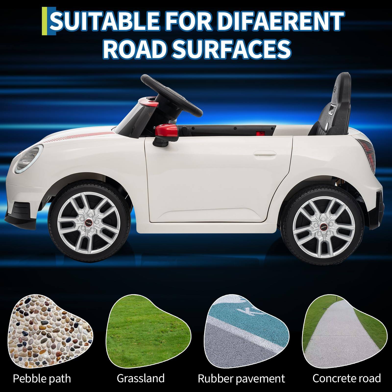 SUITABLE FOR DIFFERENT ROAD SURFACES

- Pebble path
- Grassland
- Rubber pavement
- Concrete road