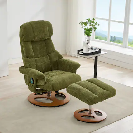 Front. TinyHomie - Ergonomic Recliner Chair with Ottoman Modern 360 Swivel Lounge Chair with Footstool Chenille Fabric - Green.