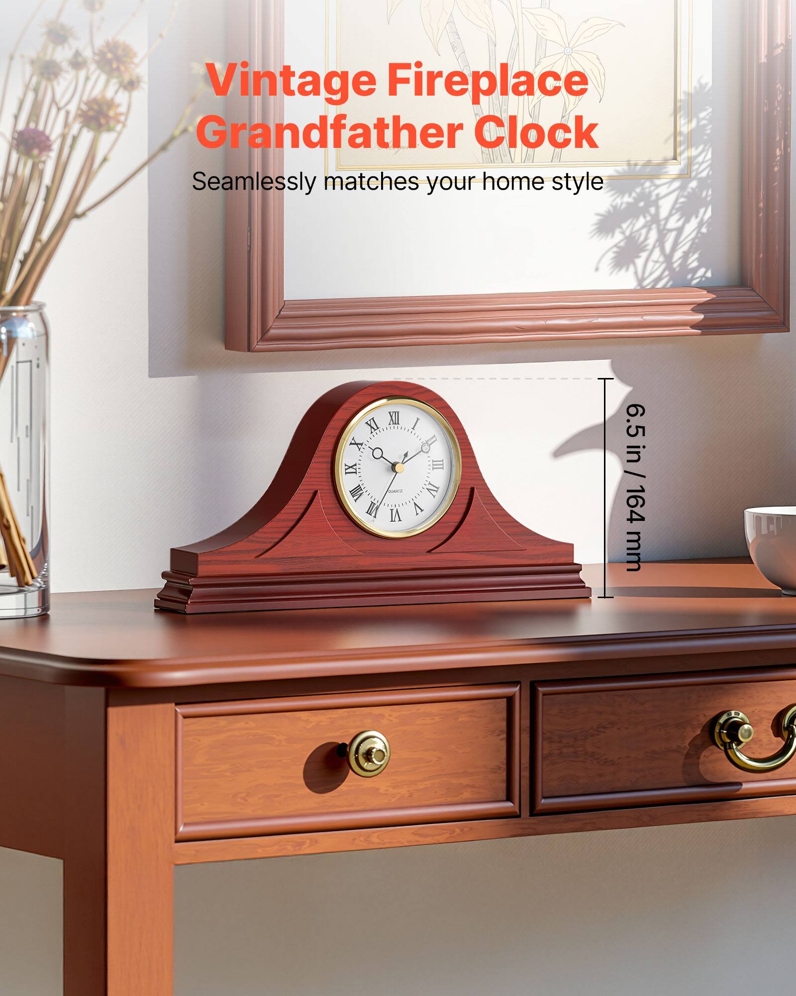 Vintage Fireplace Grandfather Clock Seamlessly matches your home style. Dimensions: 6.5 in / 164 mm.