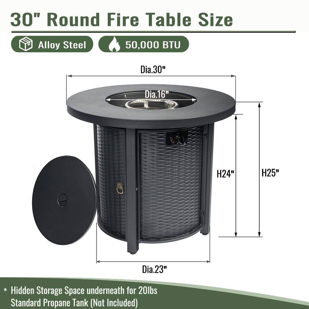 30" Round Fire Table Size  
Alloy Steel  
50,000 BTU  

- Dia. 30"  
- Dia. 16"  
- H24"  
- H25"  
- Dia. 23"  

*Hidden Storage Space underneath for 20lbs Standard Propane Tank (Not Included)
