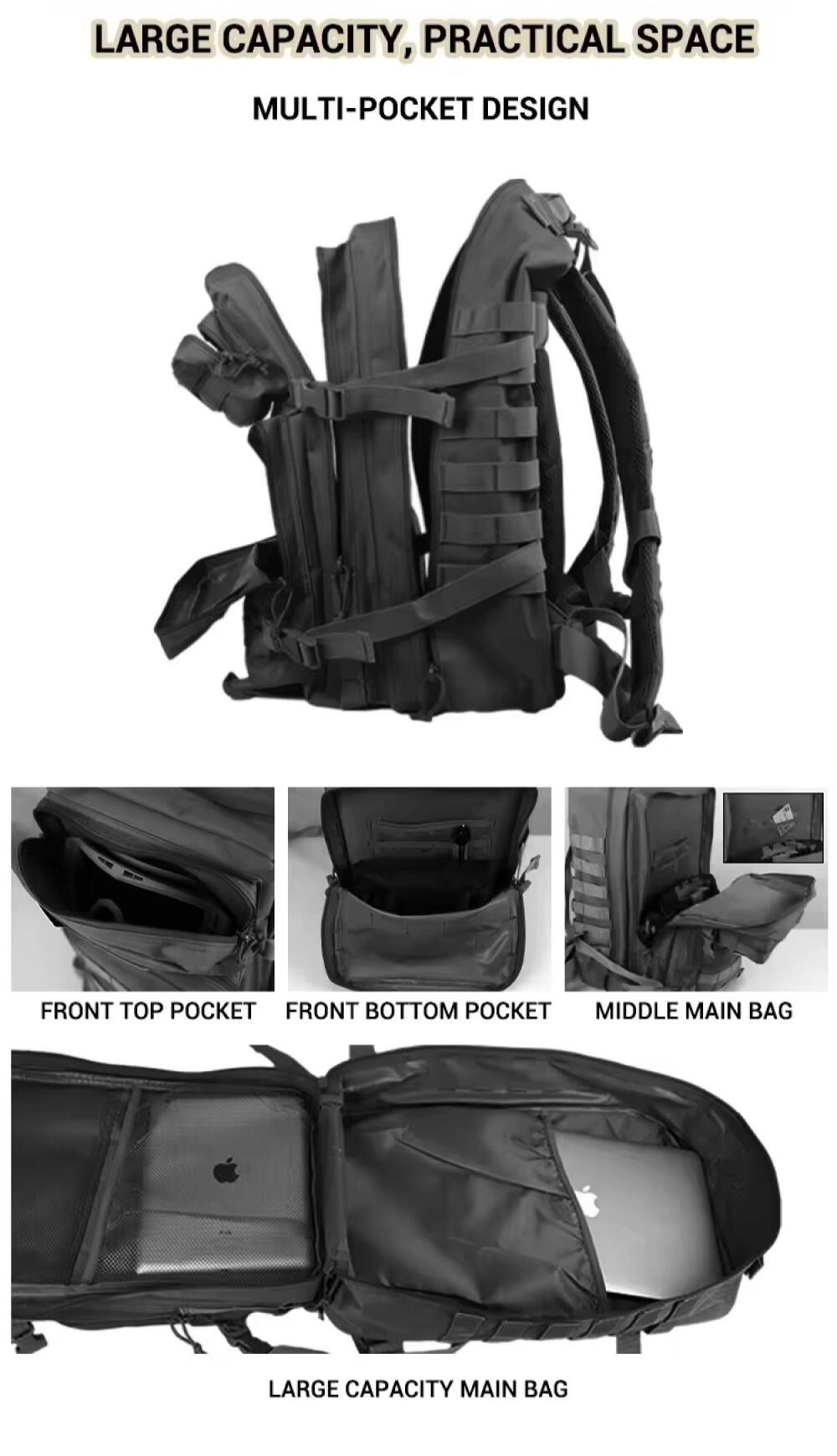 The text on the image reads: "LARGE CAPACITY, PRACTICAL SPACE MULTI-POCKET DESIGN FRONT TOP POCKET FRONT BOTTOM POCKET MIDDLE MAIN BAG LARGE CAPACITY MAIN BAG."