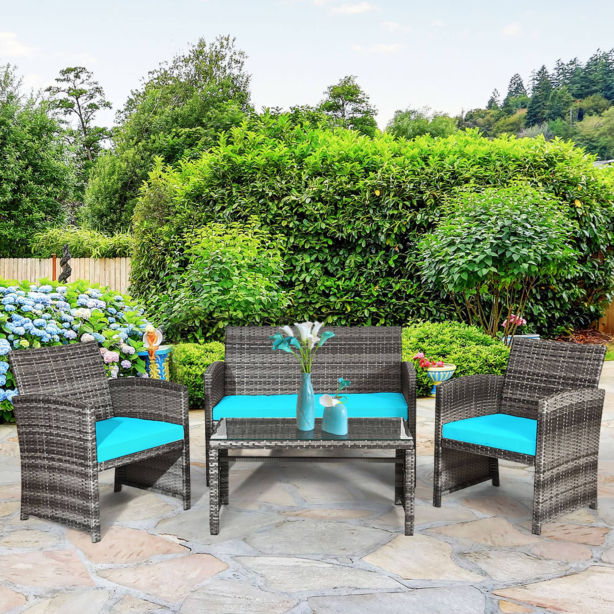 Alt View 3. Costway - Costway 4PCS Patio Rattan Furniture Set Conversation Glass Table Top Cushioned Sofa Outdoor - Turquoise.
