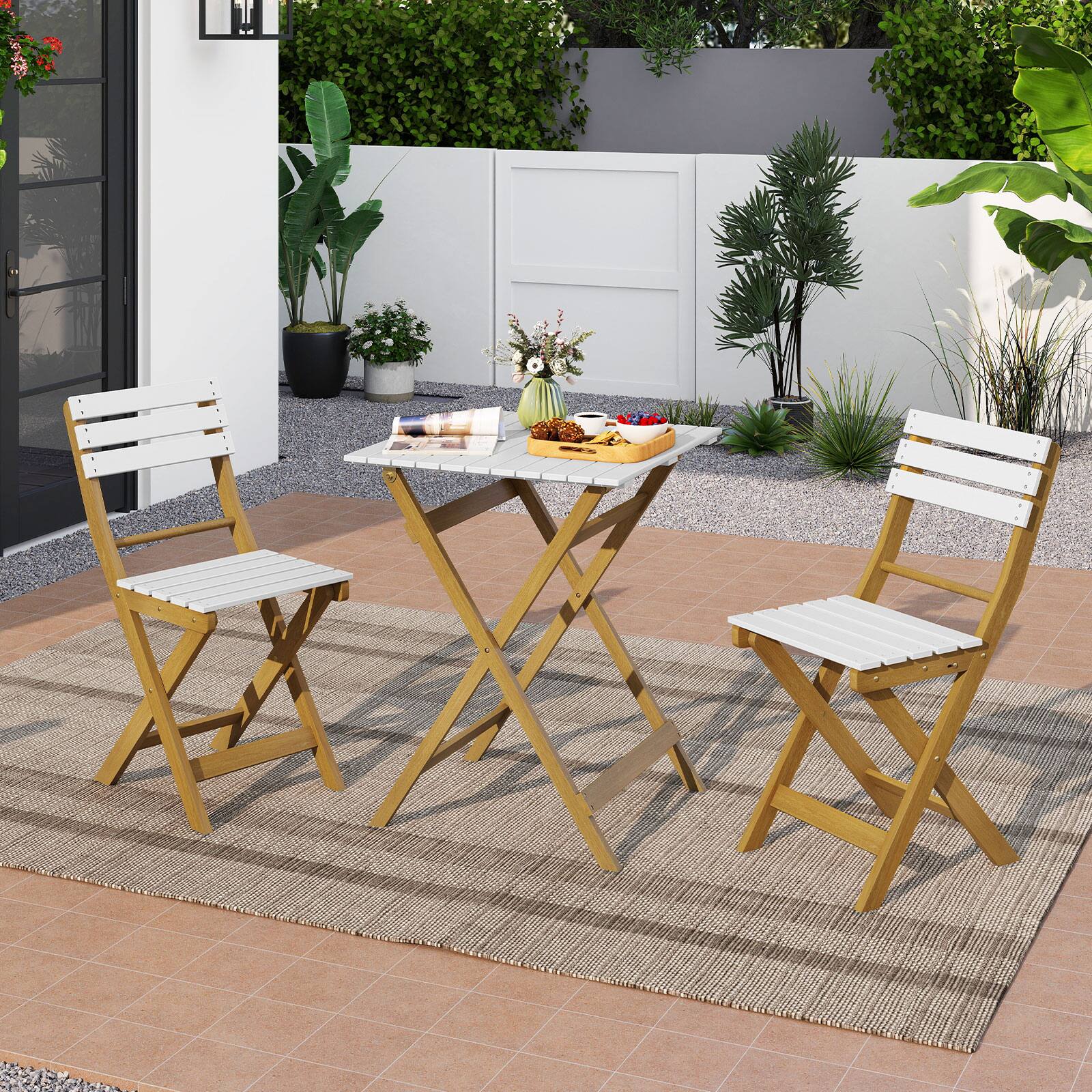 Alt View 5. Gymax - Gymax 3-Piece Folding Patio Bistro Set w/ Slatted Design Small Outdoor Furniture Set - Natural, White.