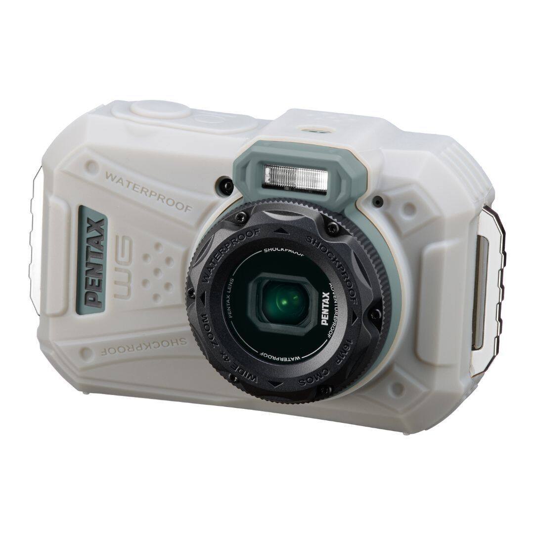 The image features a white and black waterproof camera with a lens. The camera is designed to be shockproof and waterproof, making it suitable for use in various environments and conditions. The lens is positioned in the center of the camera, and the device is likely equipped with advanced features to enhance the user's photography experience.