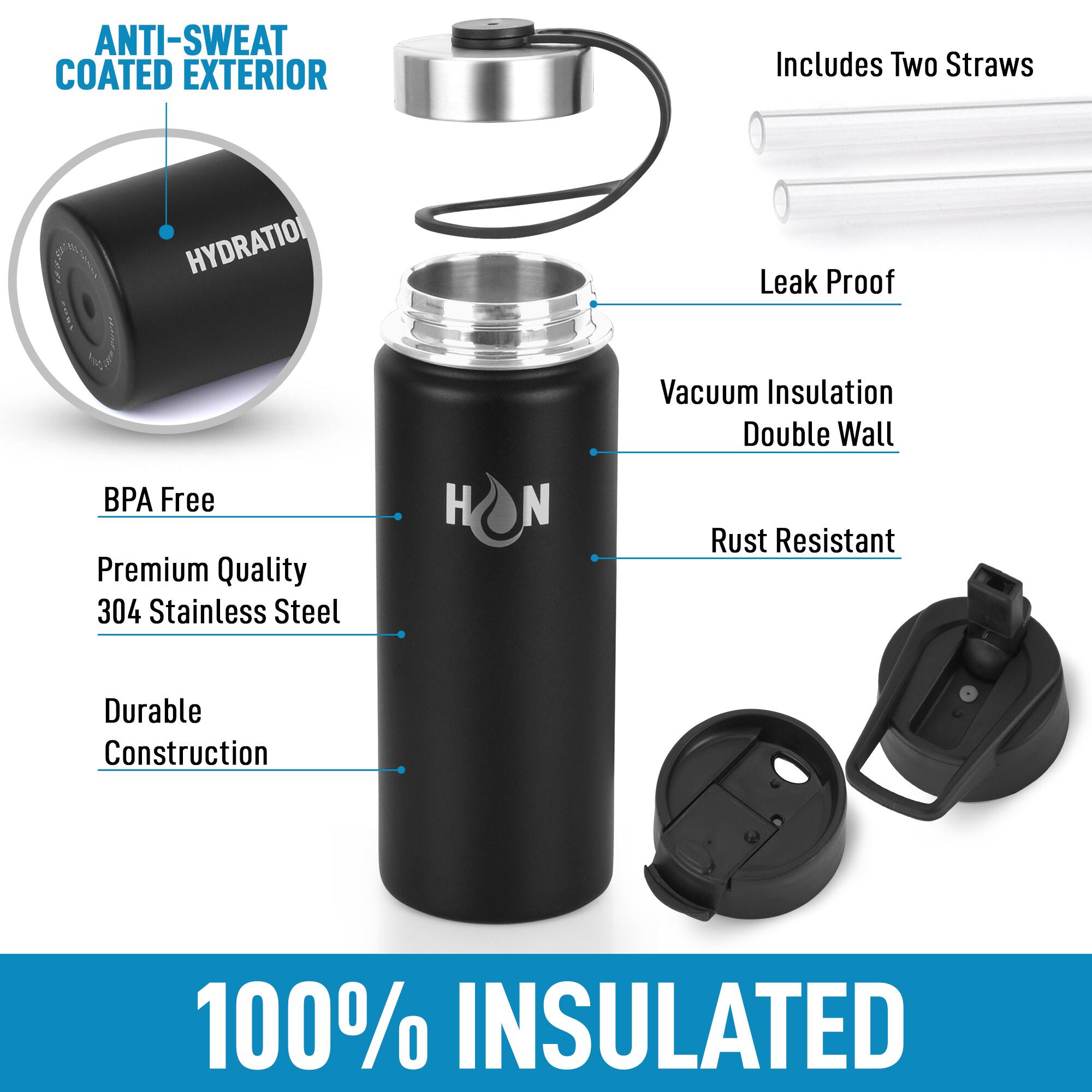 - Anti-Sweat Coated Exterior
- BPA Free
- Premium Quality 304 Stainless Steel
- Durable Construction
- Includes Two Straws
- Leak Proof
- Vacuum Insulation Double Wall
- Rust Resistant
- 100% Insulated