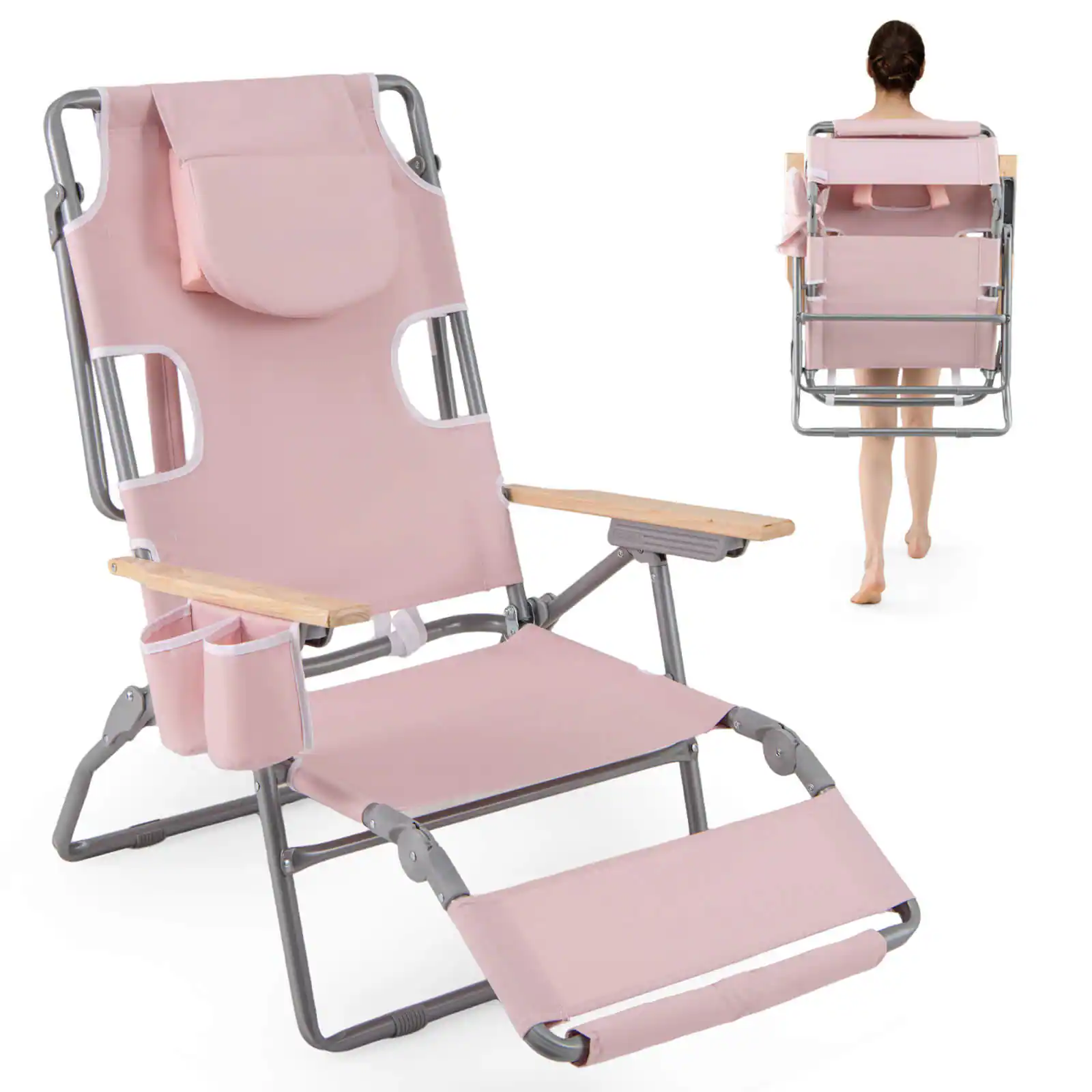 Front. Costway - Costway 1 PCS 3-IN-1 Foldable Beach Chair with Face Hole, Footrest, Adjustable Backrest - Pink.