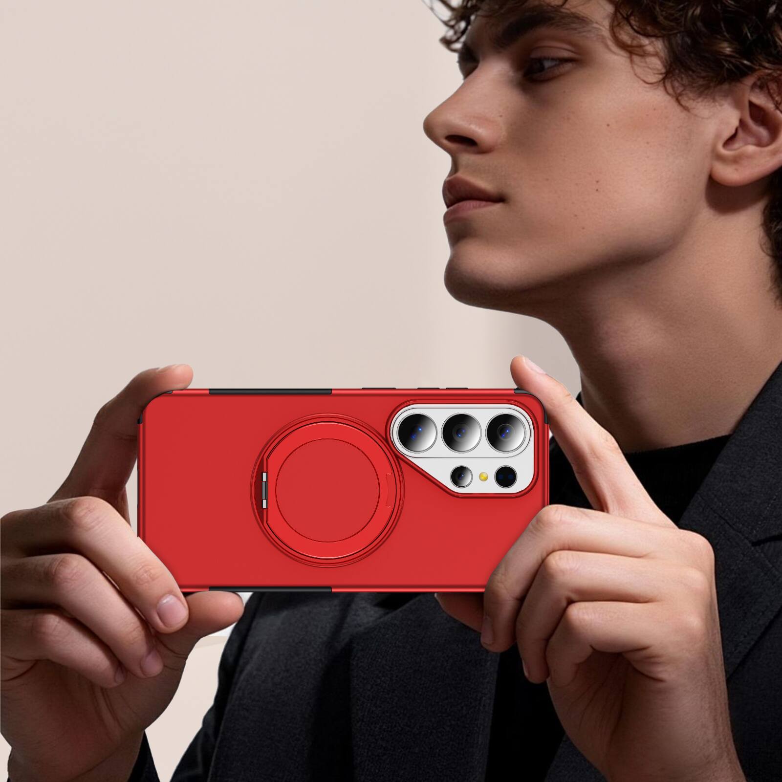 Left. Dteck - Magnetic Shockproof Case for Samsung Galaxy S26 Ultra, 360 Rotating Ring Stand Non Slip Cover, Raised Edge Protection - Red.