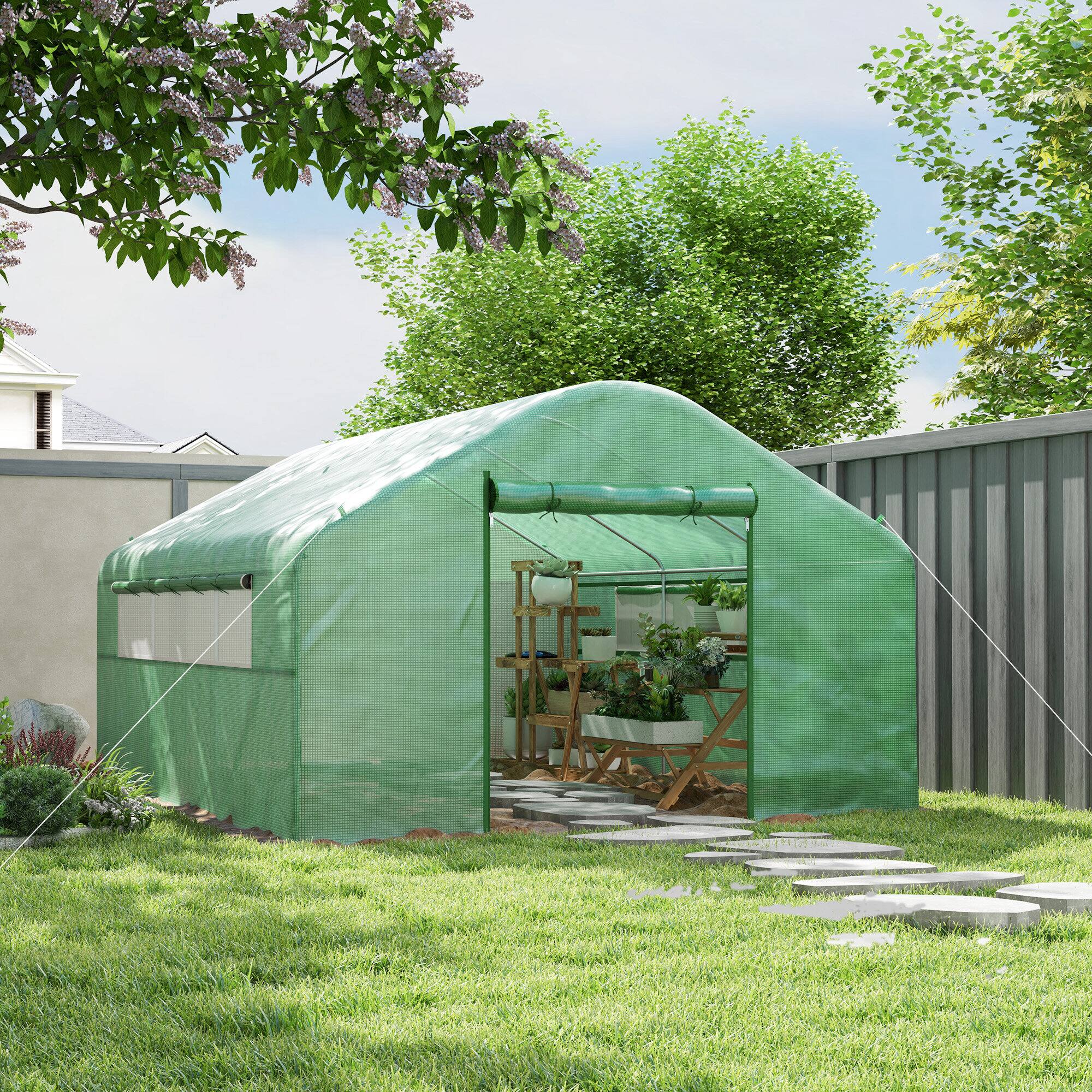 Alt View 1. Outsunny - 13' x 10' x 6.5' Hoop House Greenhouse with Large Windows and Zippered Door, Large Walk-In Tunnel Green House - Green.