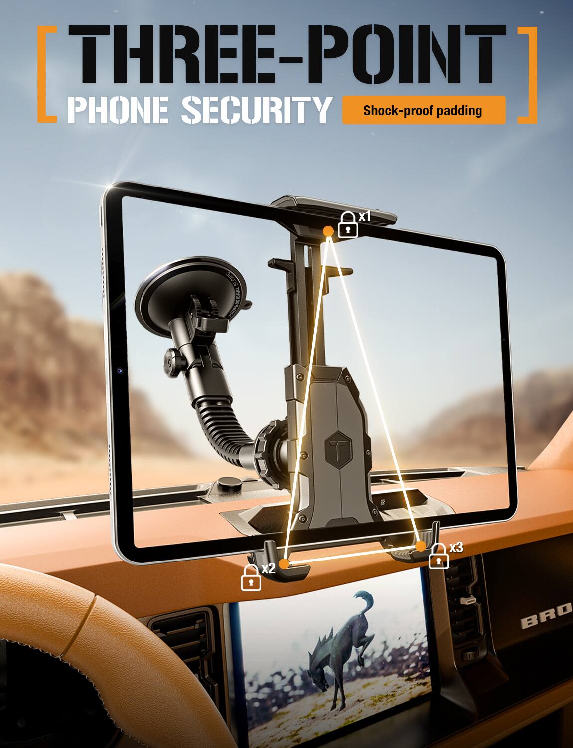 The text in the image is:

"THREE-POINT PHONE SECURITY Shock-proof padding"