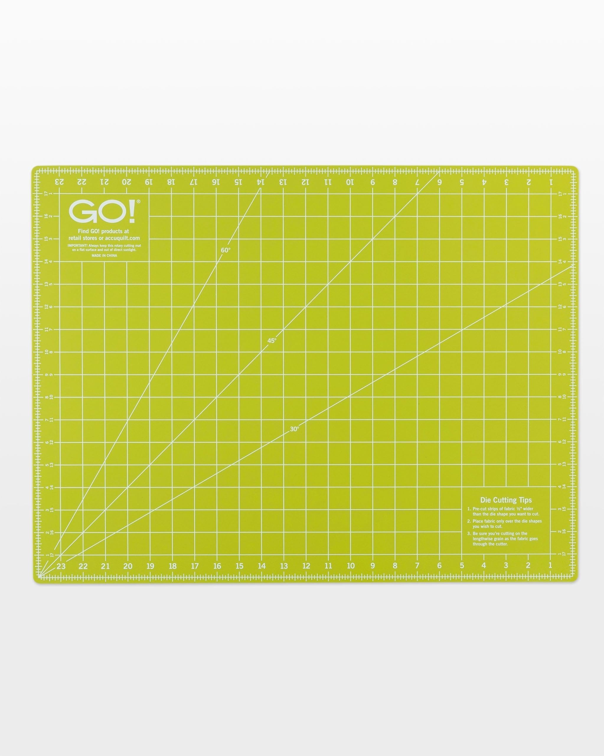 GO!  
Find GO! products at retail stores or accugulit.com

IMPORTANT  
MADE IN CHINA

Die Cutting Tips
1. Pre-cut strips of fabric 1" wider than the die shape you want to cut.
2. Place fabric over the die shapes.
3. Be sure you're cutting on the lengthwise grain as the fabric goes through the cutter.

60°  
45°  
30°