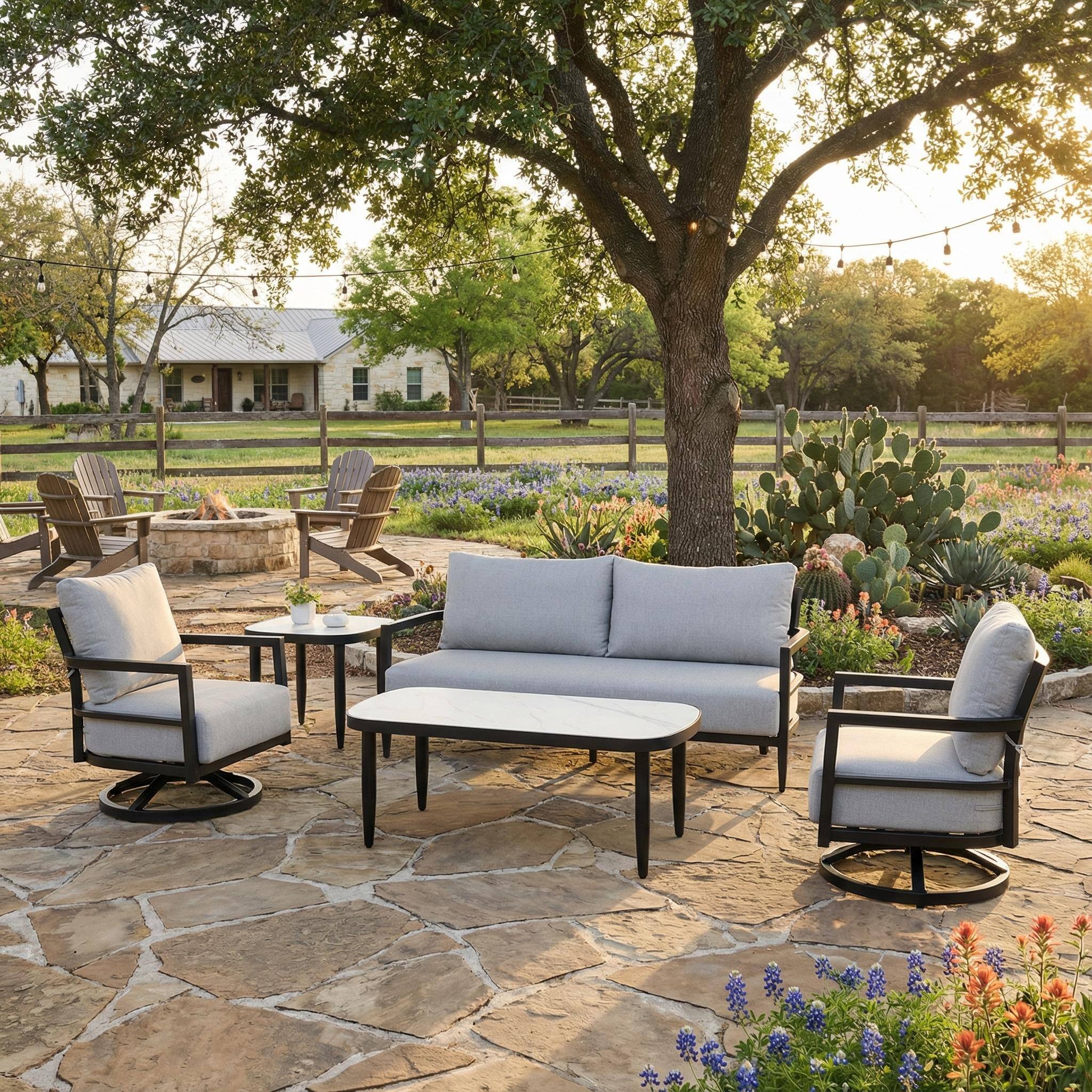 Back. Mondawe - 5-Piece Outdoor Conversation Set with Swivel Chair, Bench Sofa, Marble-Inspired Tables and Sunbrella Cushions - Ember Black+Grey.